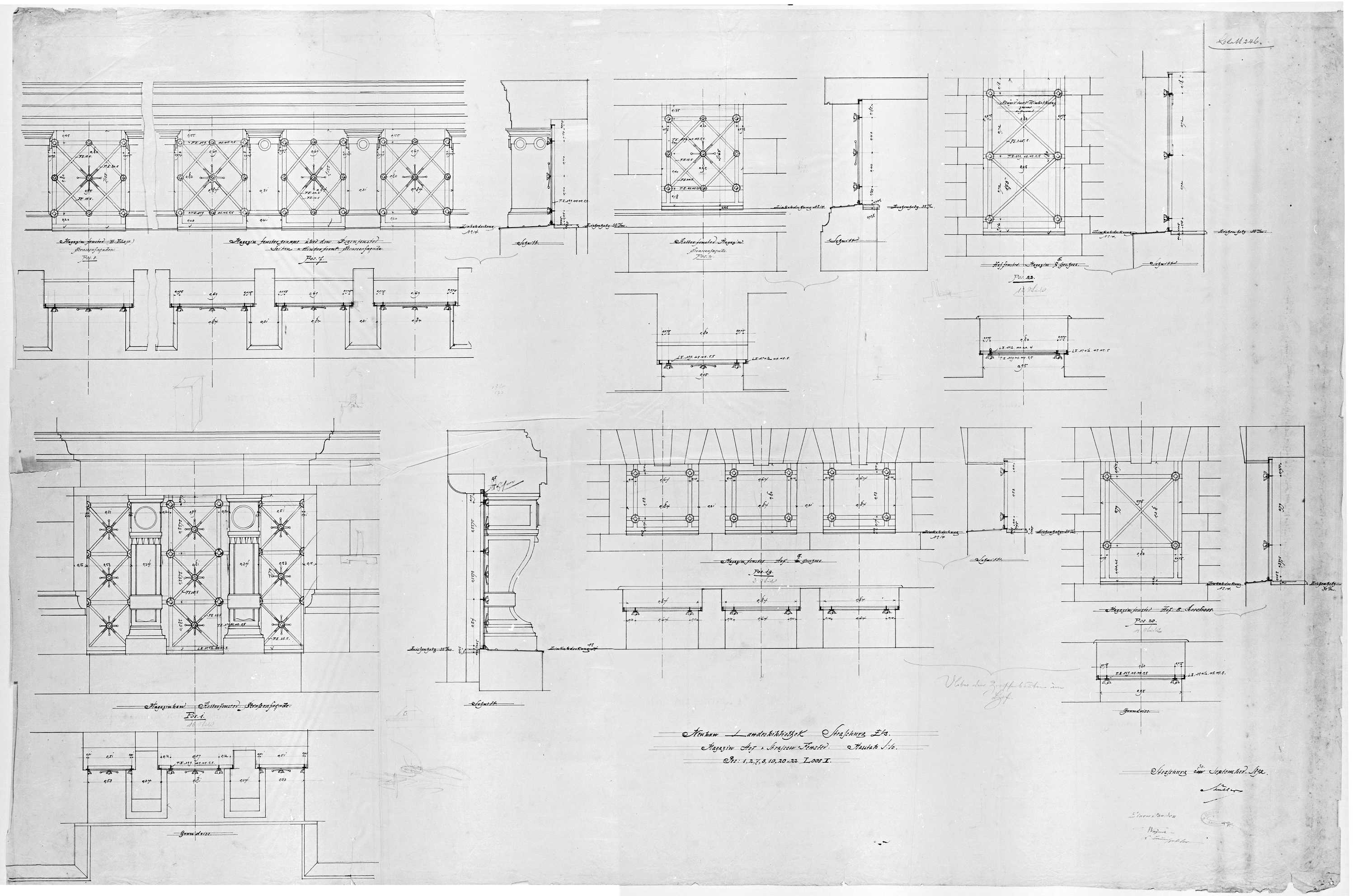 Façades est et latérales, plans, élévations et coupes des fenêtres des magasins du rez-de-chaussée.