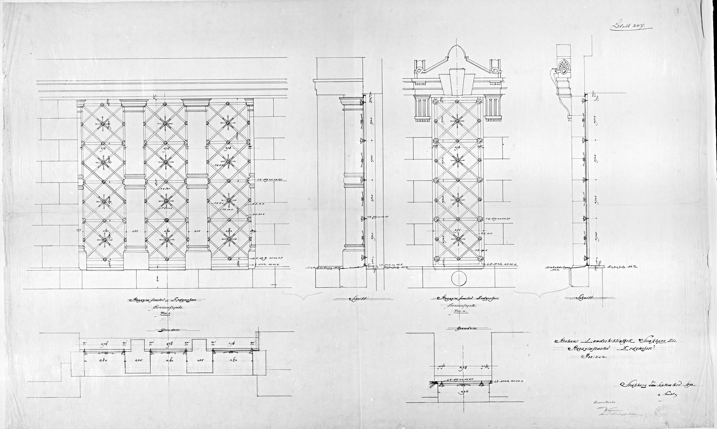 Façades est et latérales, plans, élévations et coupes des fenêtres des magasins du rez-de-chaussée.