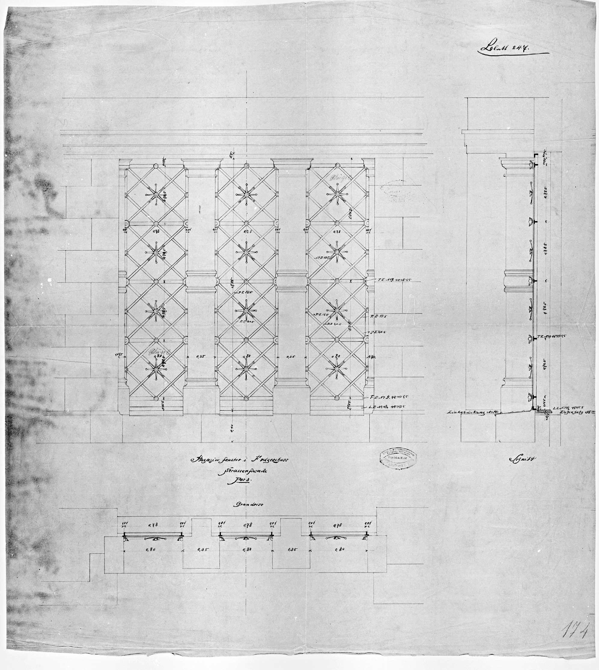 Façades est et latérales, plan, élévation et coupe des fenêtres des magasins du rez-de-chaussée.