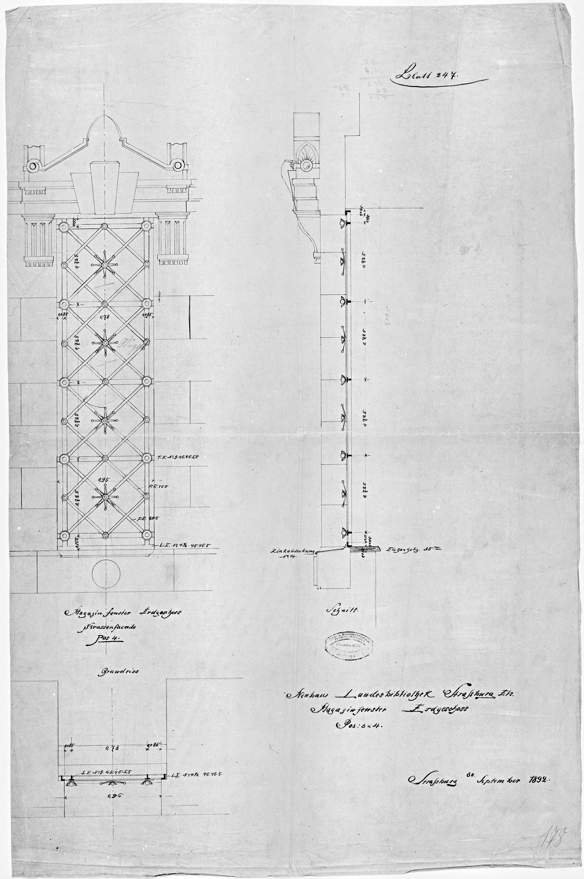 Façades est et latérales, plan, élévation et coupe des fenêtres des magasins du rez-de-chaussée.