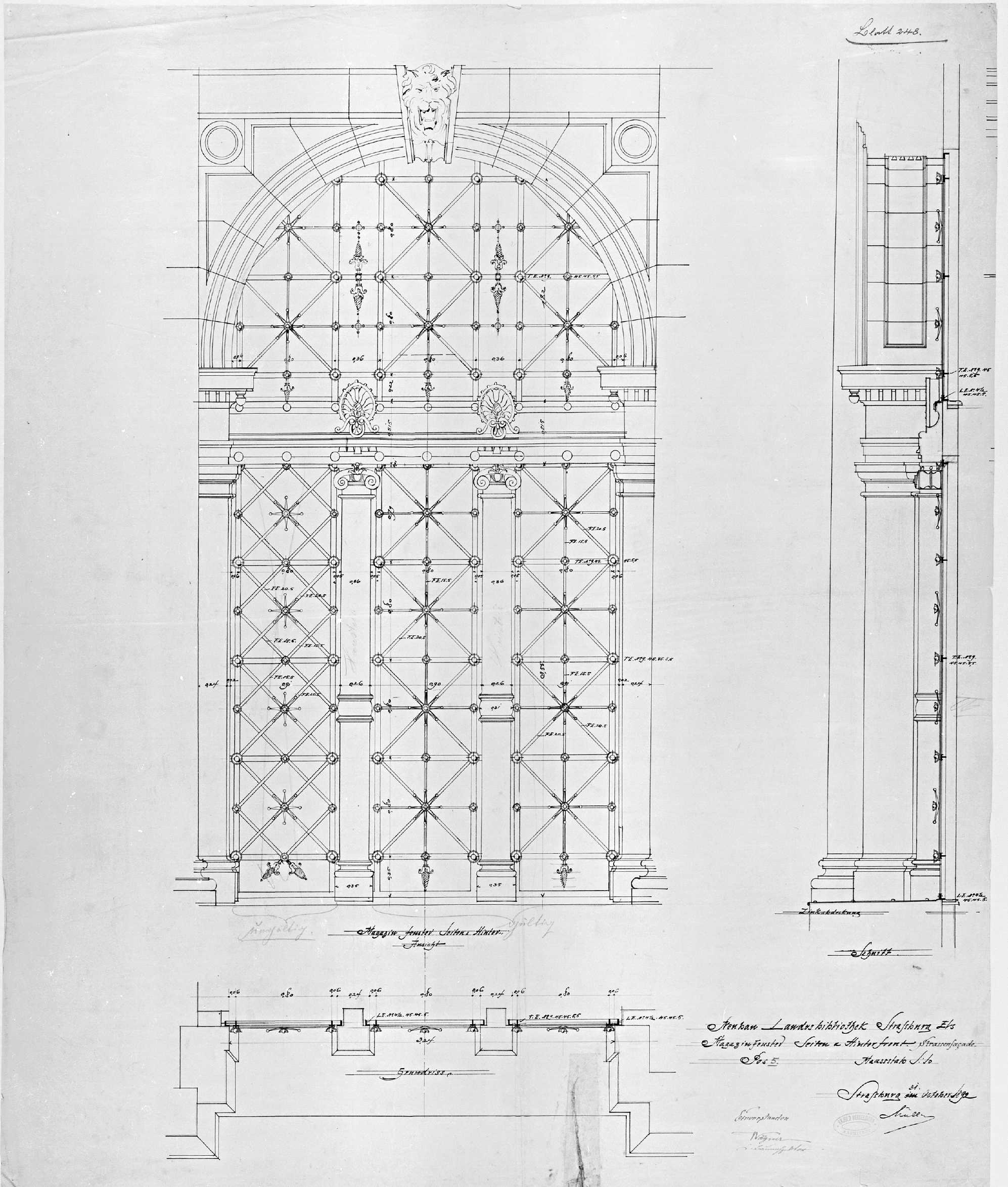 Façades est et latérales, plan, élévation et coupe des fenêtres des magasins du premier étage.