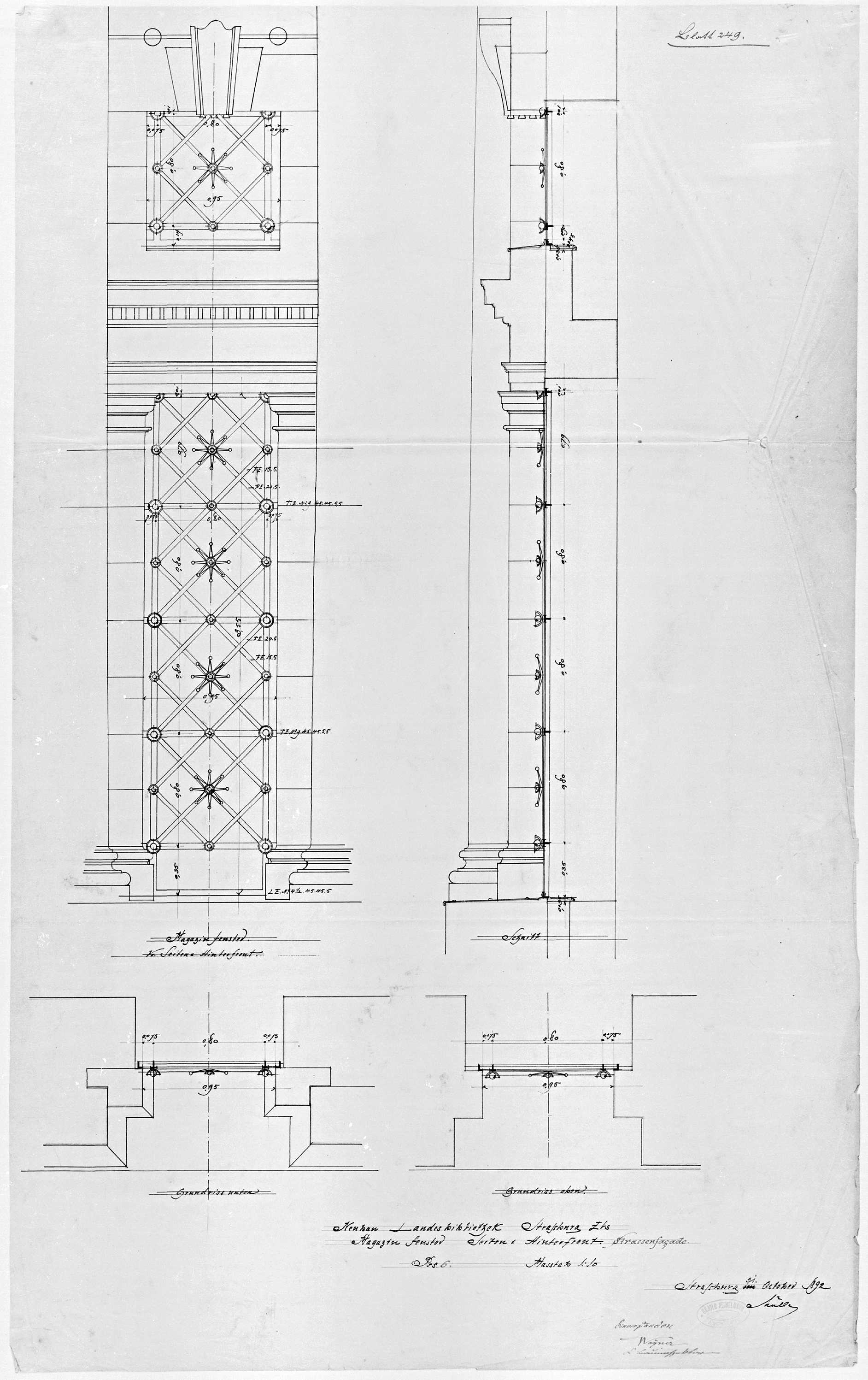 Façades est et latérales, plans, élévation et coupe des fenêtres des magasins du premier étage.