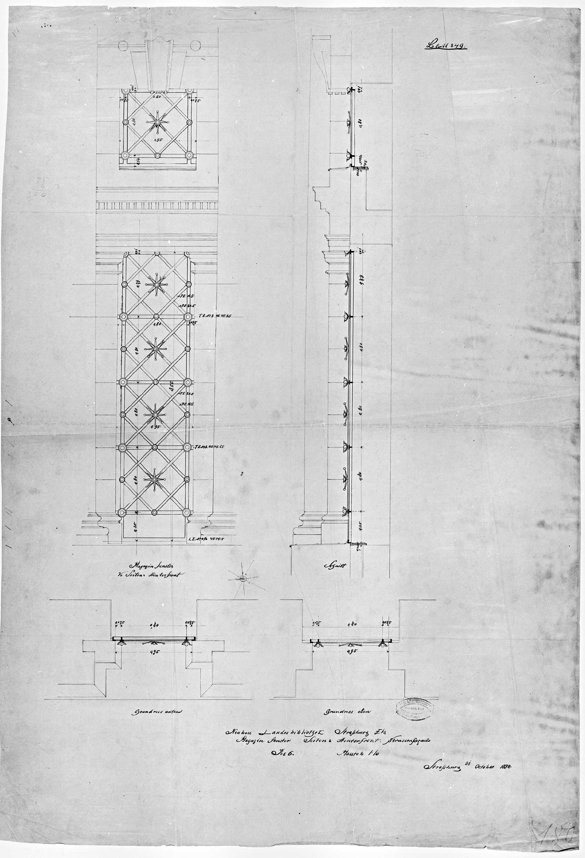 Façades est et latérales, plans, élévation et coupe des fenêtres des magasins du premier étage.