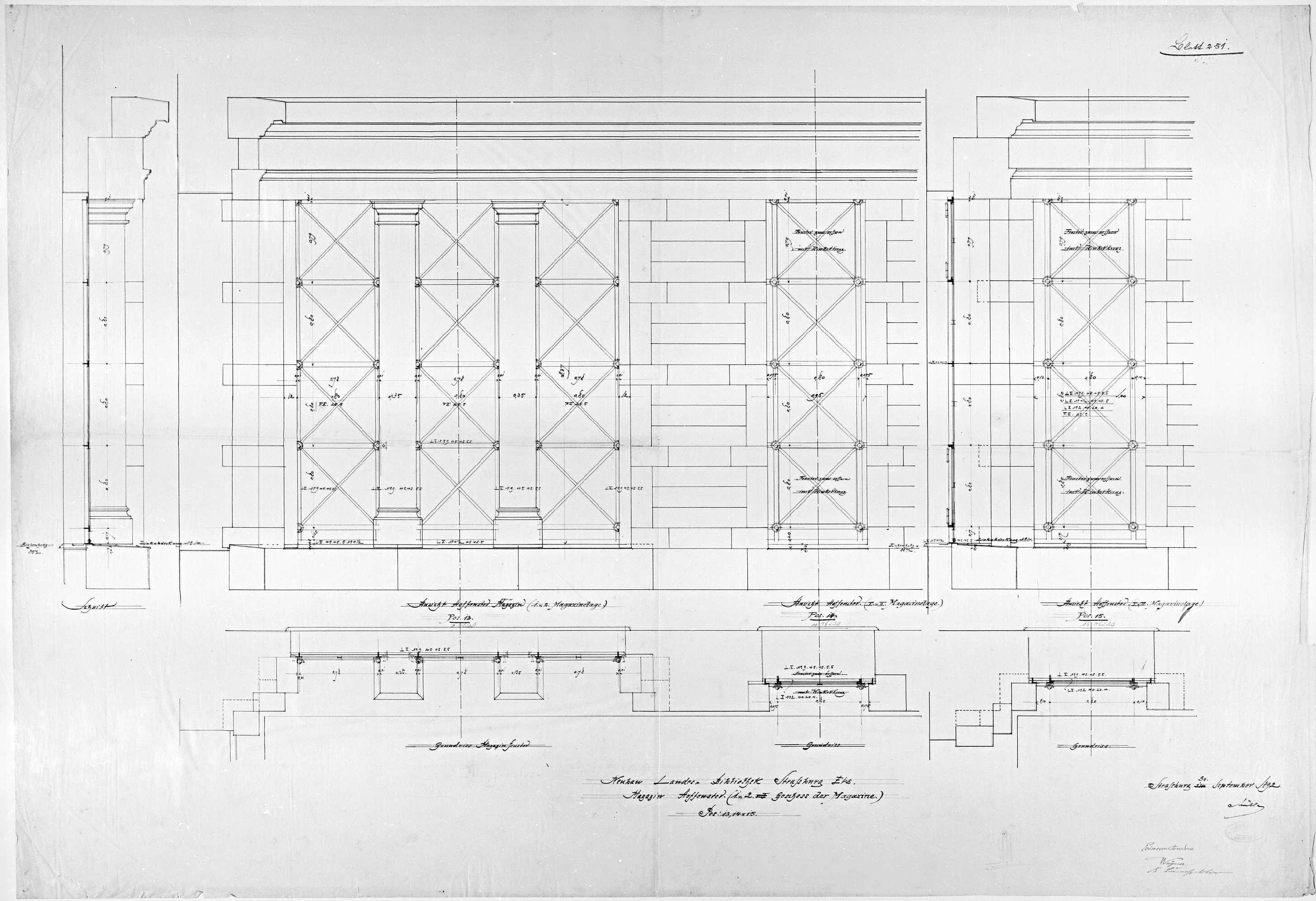 Premier et deuxième étages du magasin, plans, élévations et coupes des fenêtres sur cour.