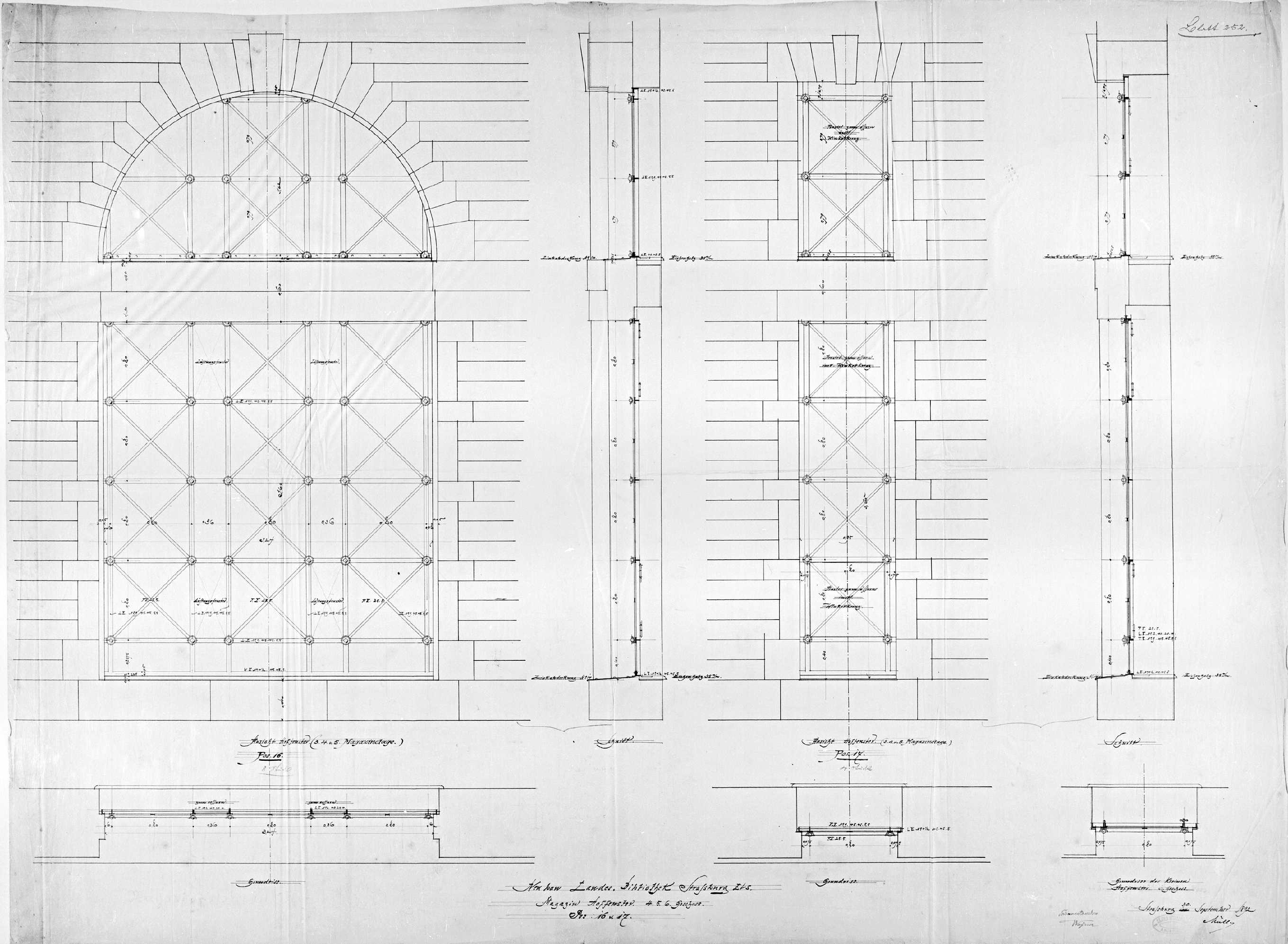 Troisième aux cinquième étages du magasin, plans, élévations et coupes des fenêtres sur cour.