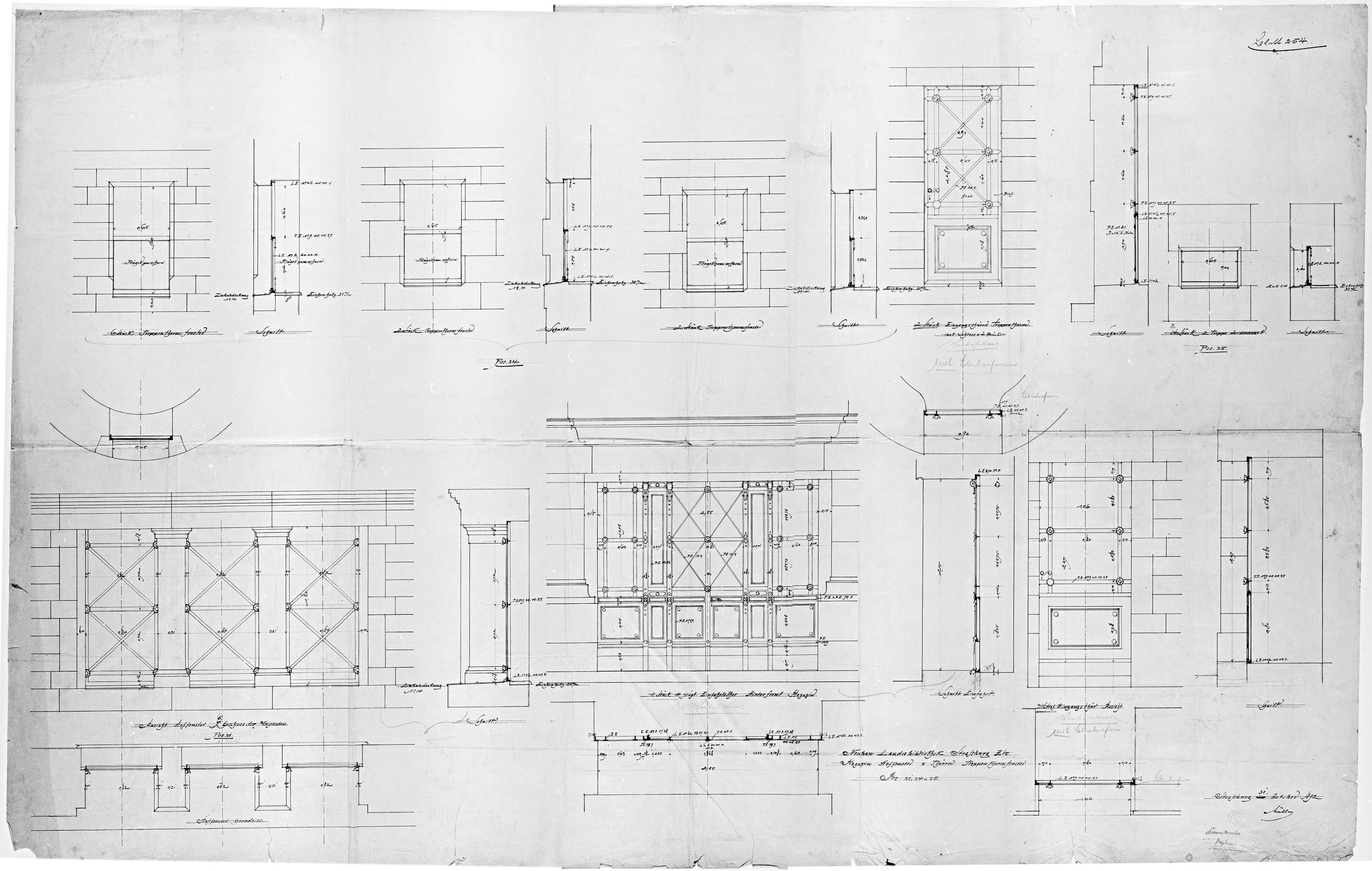 Sixième étage du magasin, cage d’escalier et cour, plans, élévations et coupes des fenêtre et des portes.