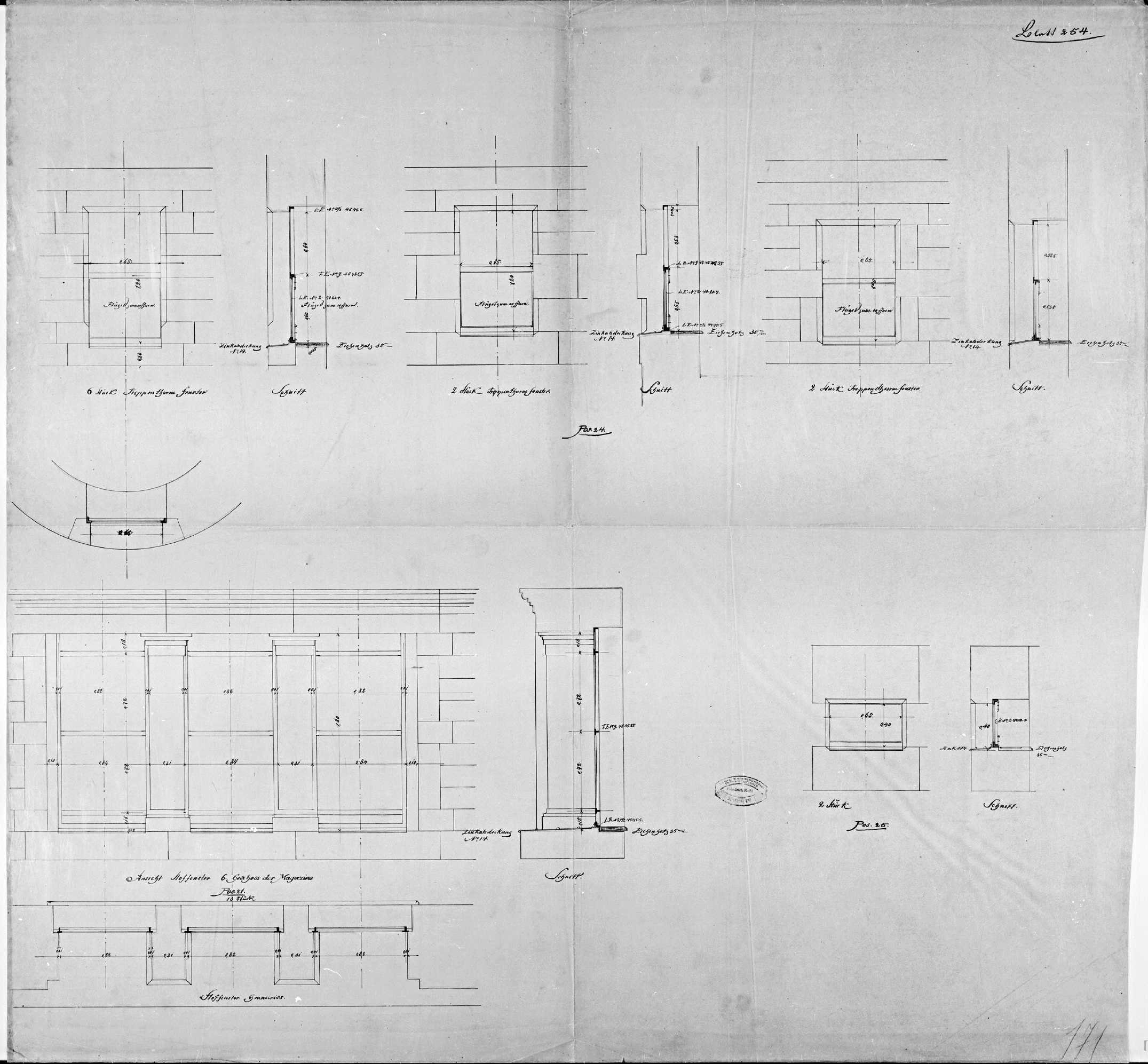 Tour de l’escalier, sixième étage du magasin et rez-de-chaussée, plans, élévations et coupes des fenêtres.