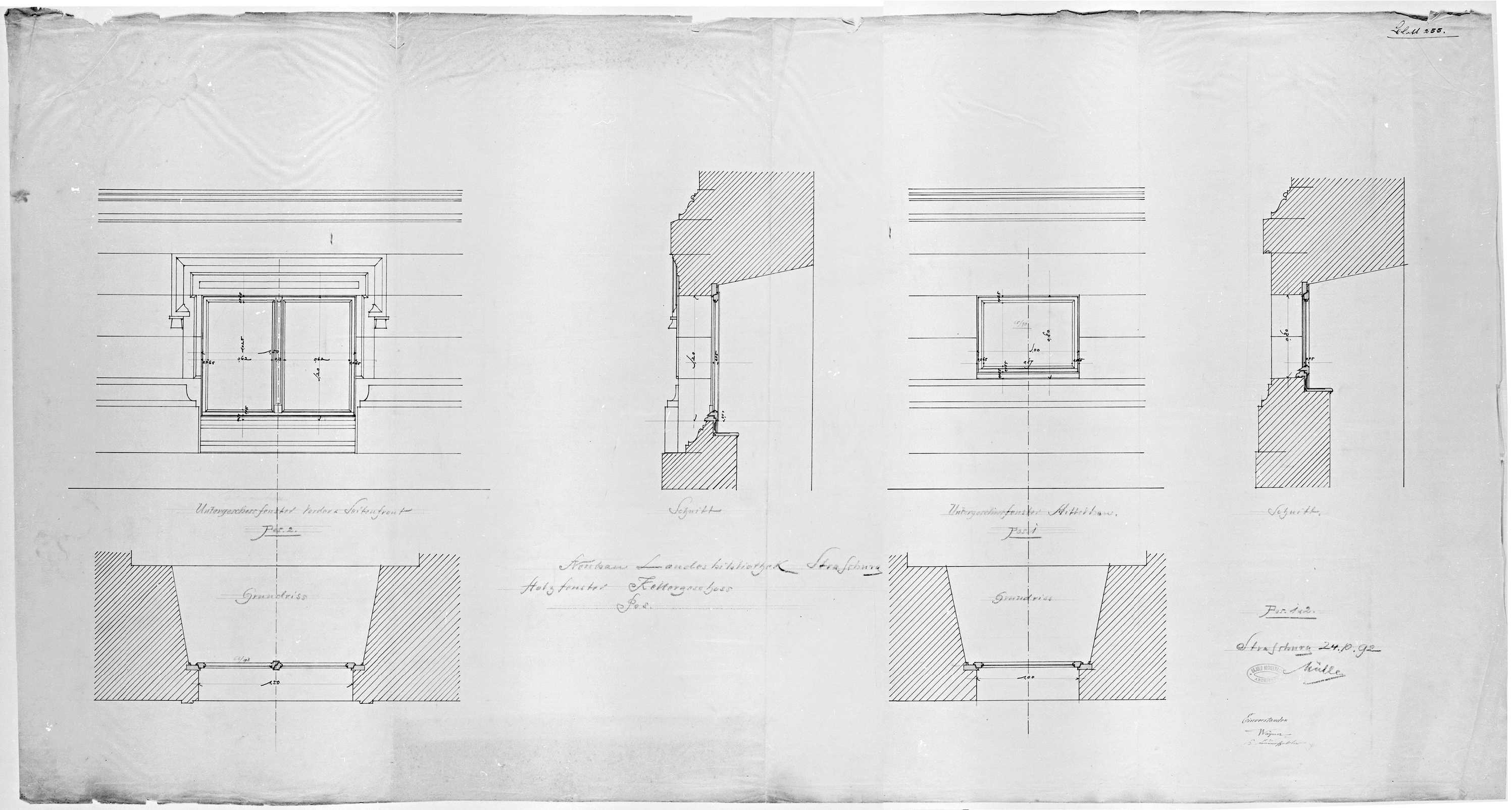 Sous-sol de la façade principale et du bâtiment intermédiaire, plans, élévations et coupes des fenêtres