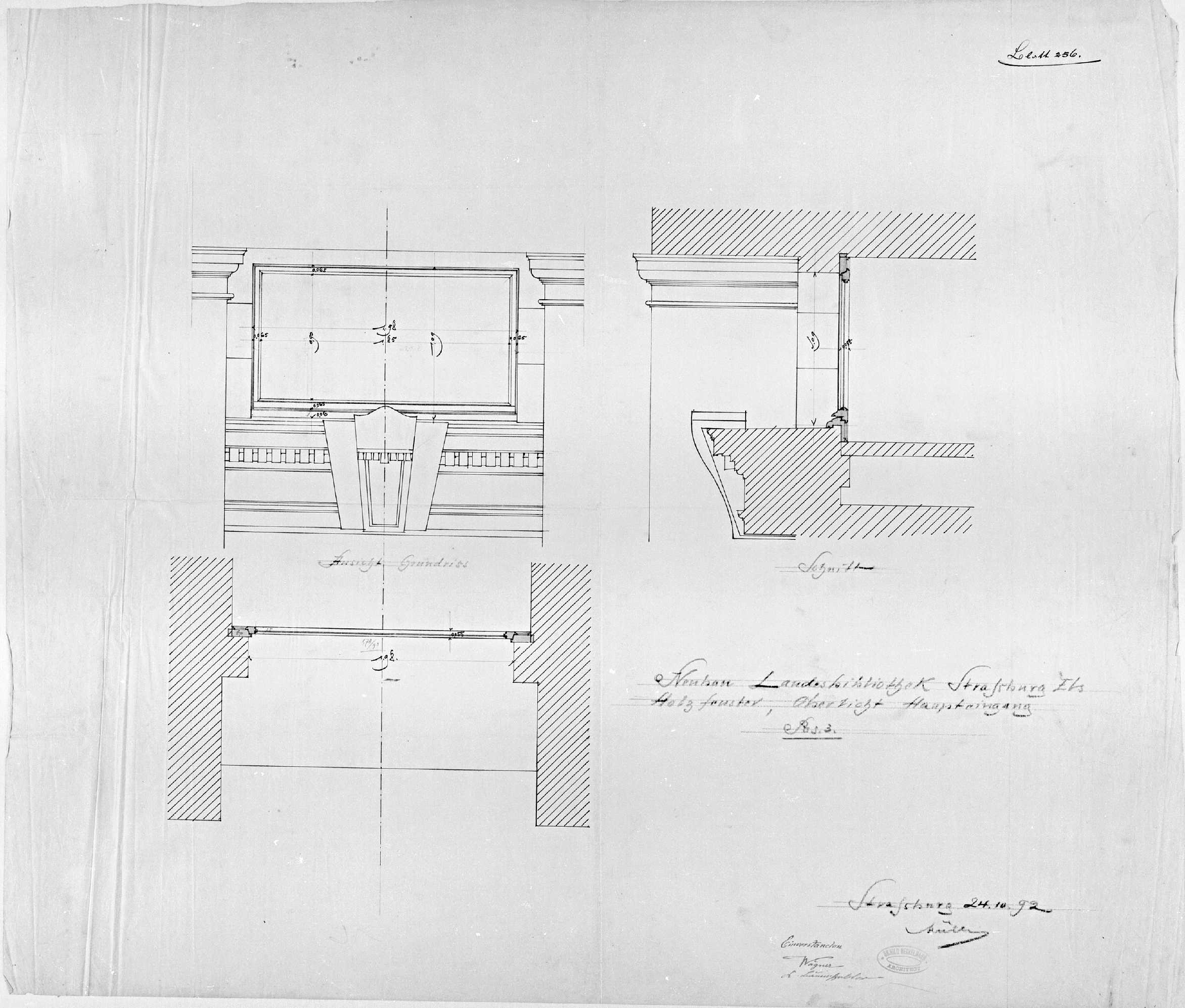 Façade principale, plan, élévation et coupe des lucarnes.