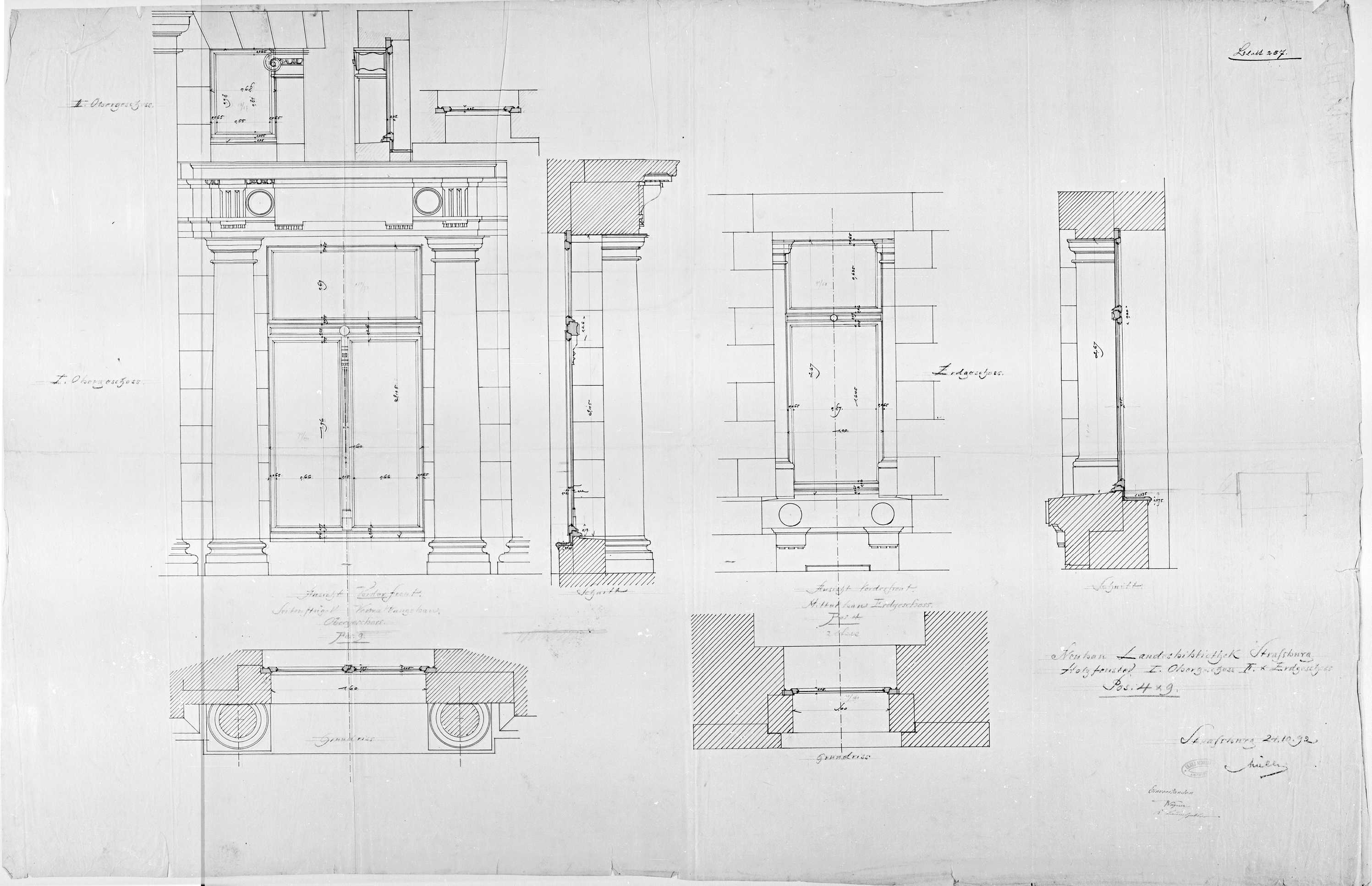 Façade principale, plans, élévations et coupes des fenêtres.