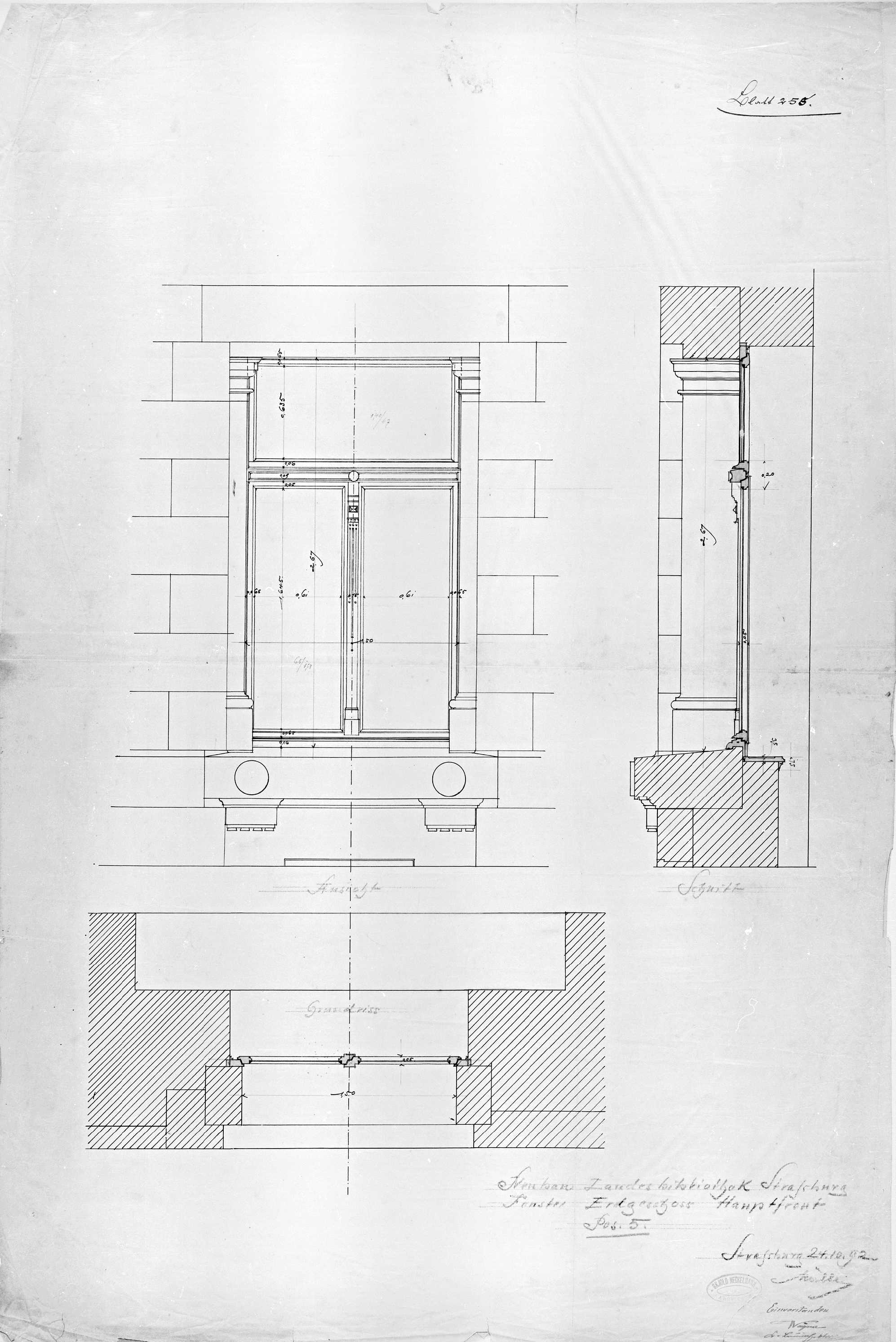 Façade principale, plan, élévation et coupe des fenêtres du rez-de-chaussée.