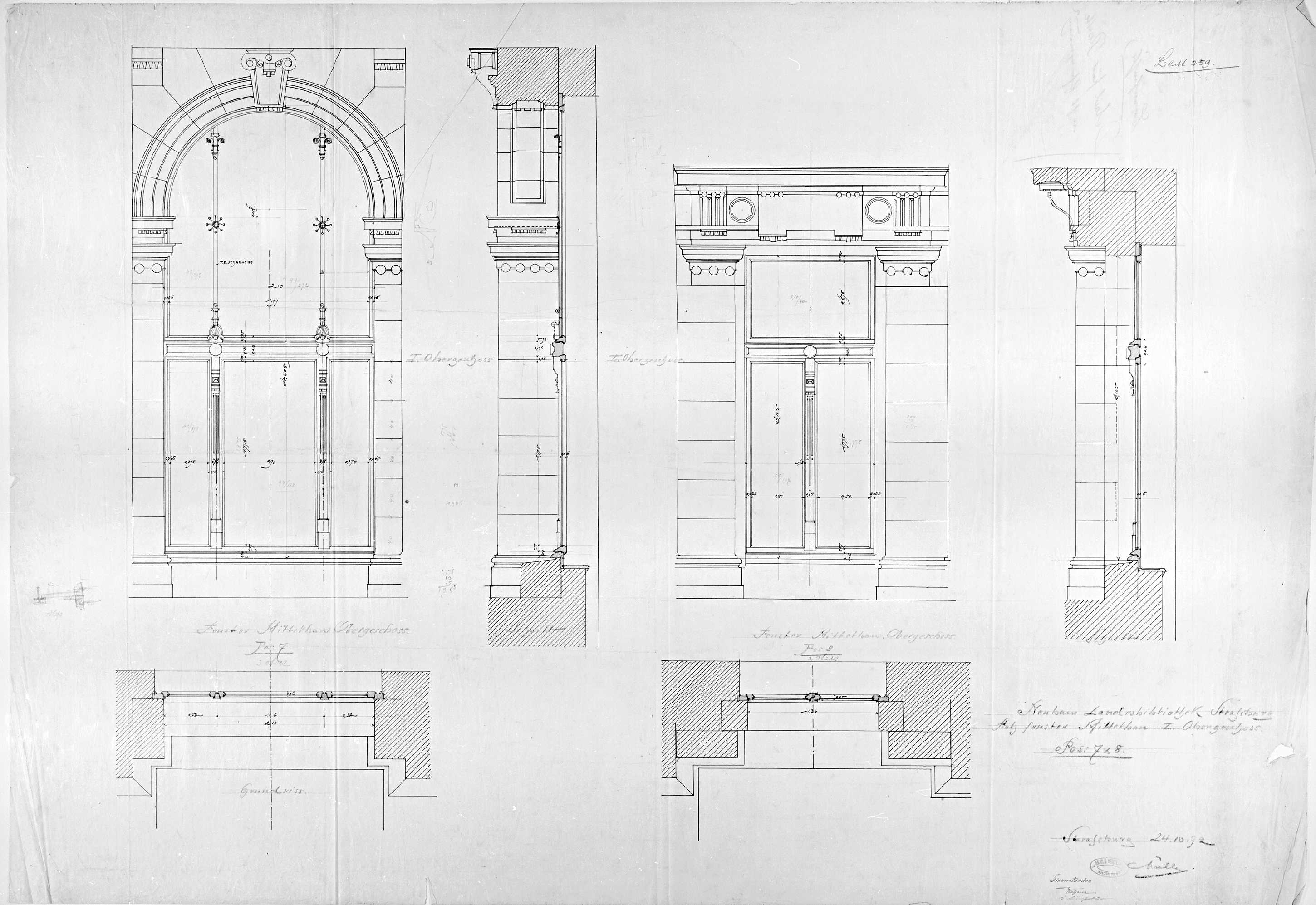 Façade principale, plan, élévation et coupe des fenêtres du premier étage.