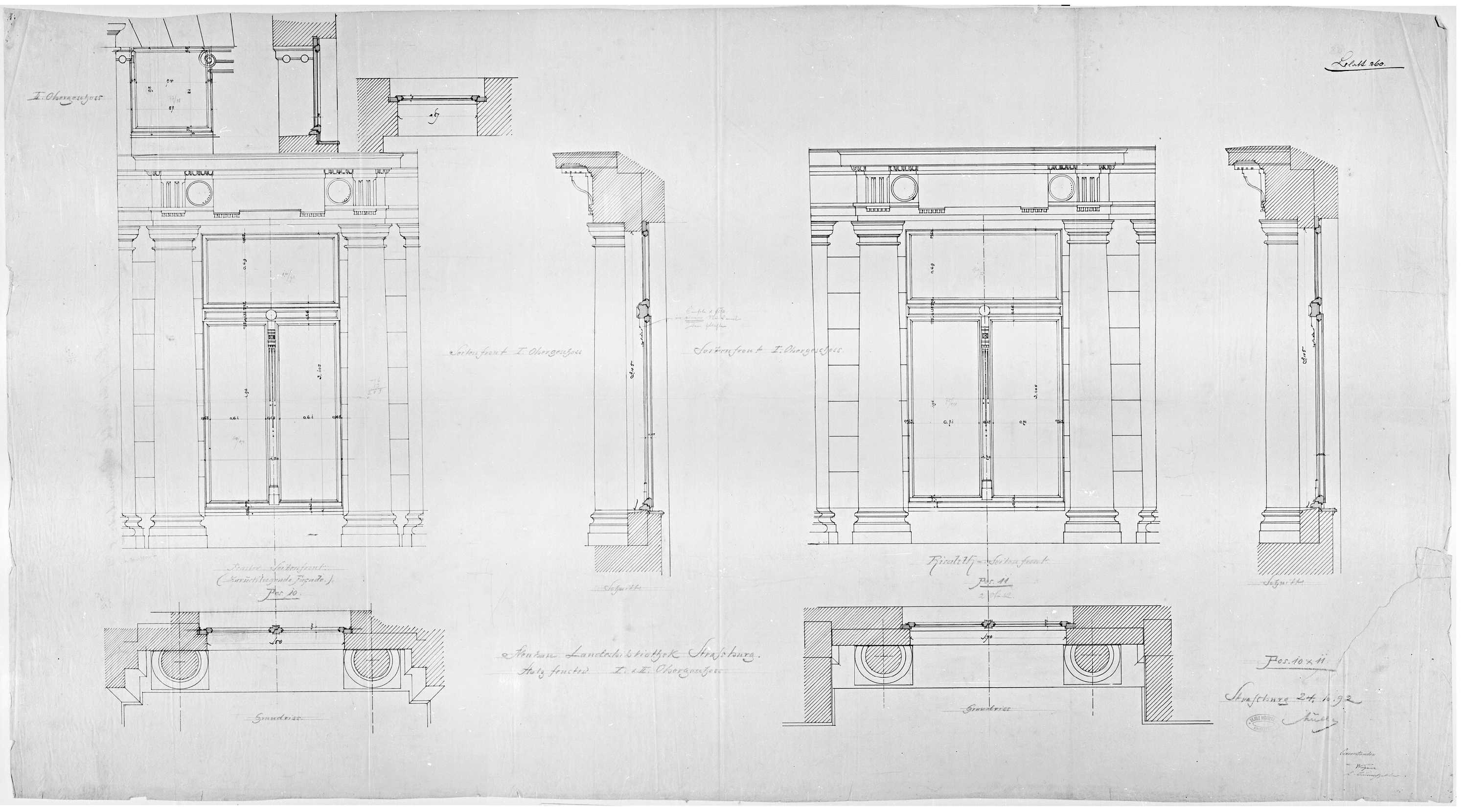 Façade principale, plans, élévations et coupes des fenêtres du premier étage.