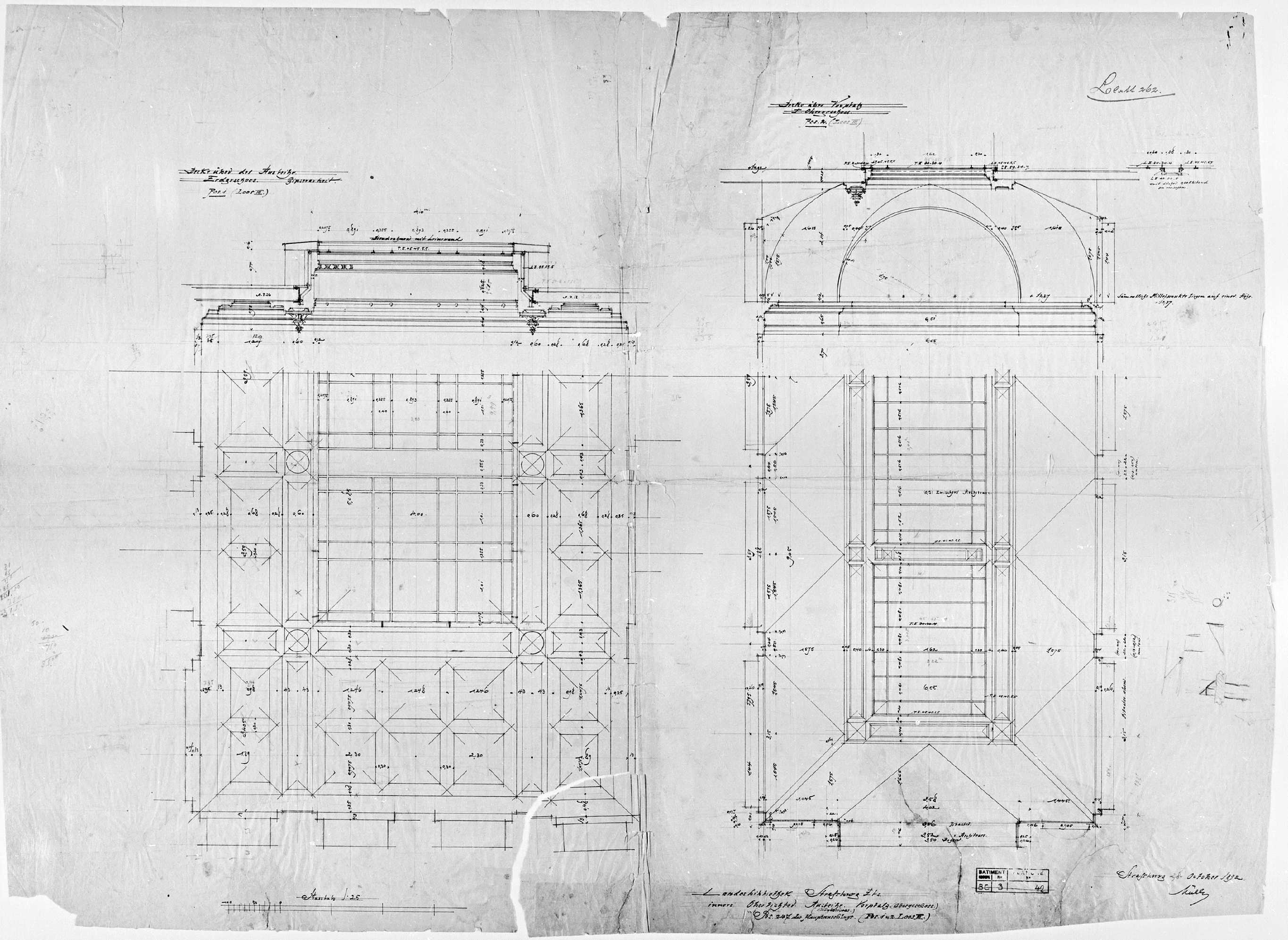 Plâtrerie du rez-de-chaussée et plafond de l’étage supérieur, plans.