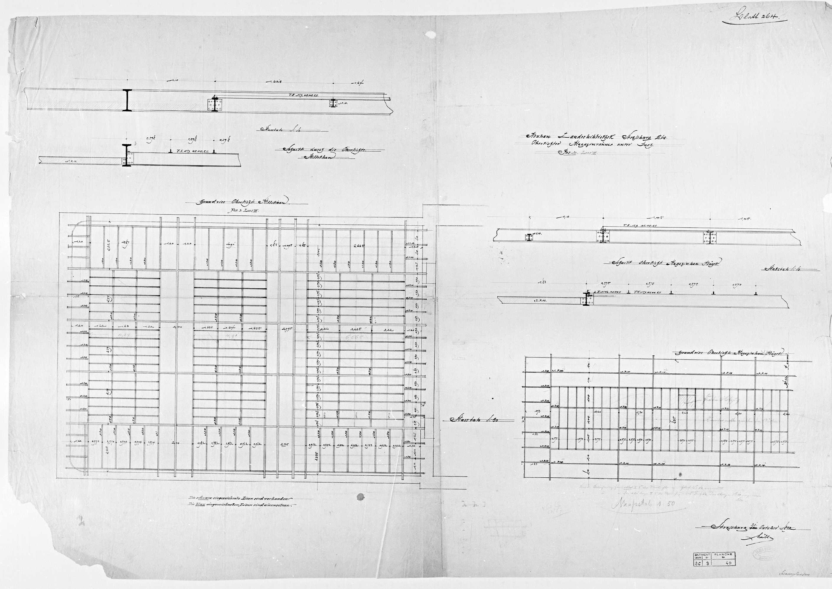 Salle des magasins, plans et coupes.