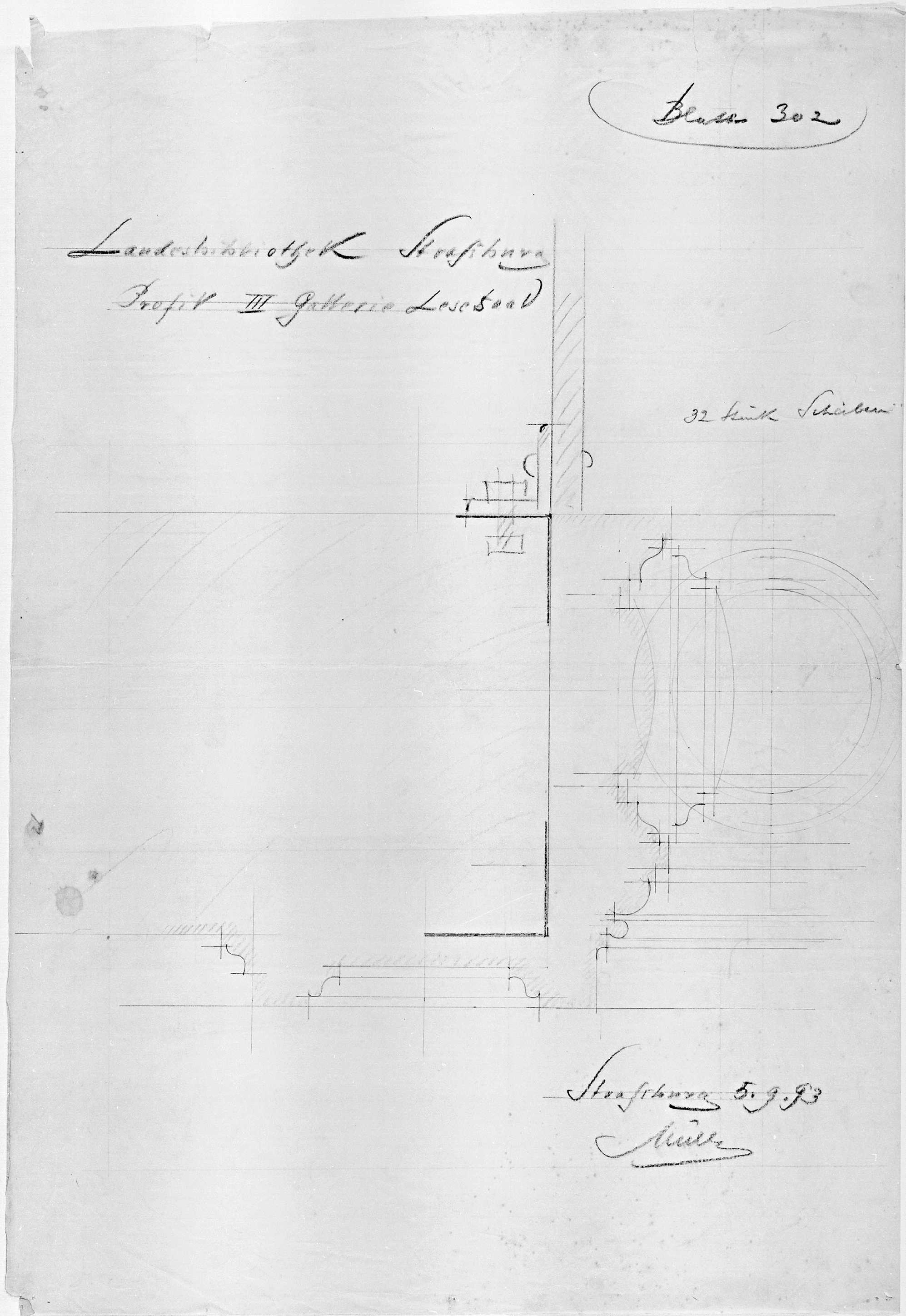 Galerie de la salle de lecture, coupe du troisième projet.