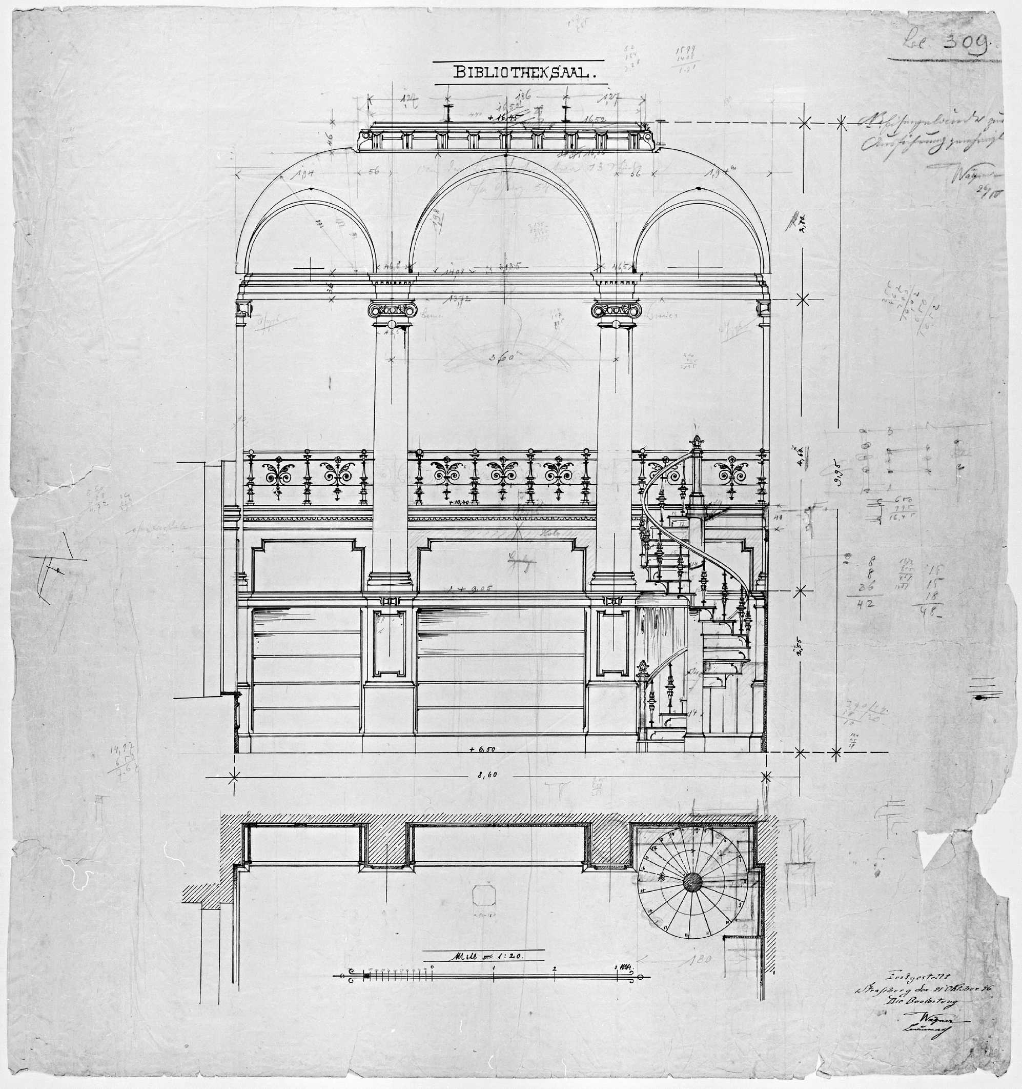 Bibliothèque, plan et coupe.