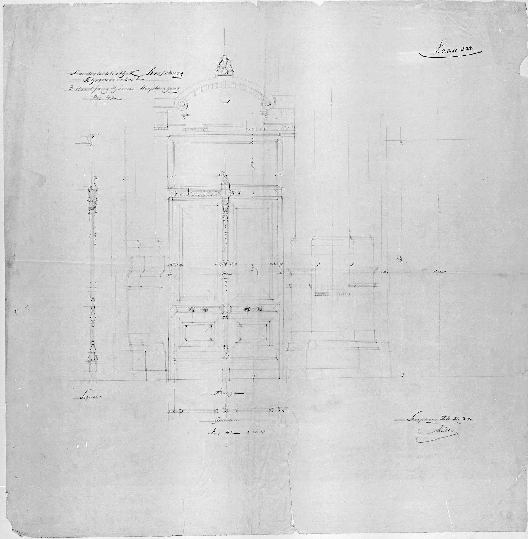 Porte de l’entrée principale, plan, élévation et coupe.