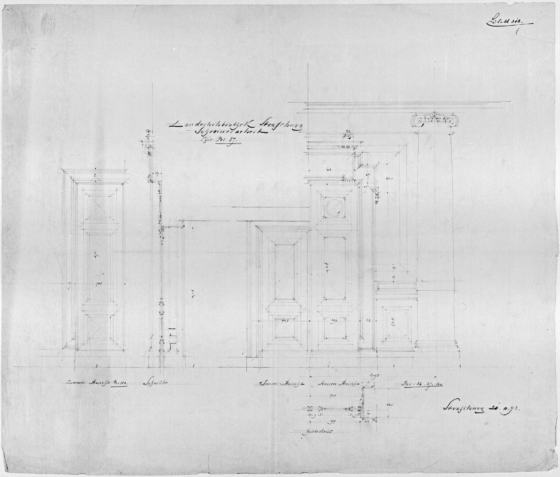 Chambre, plan, élévations et coupe des menuiseries.