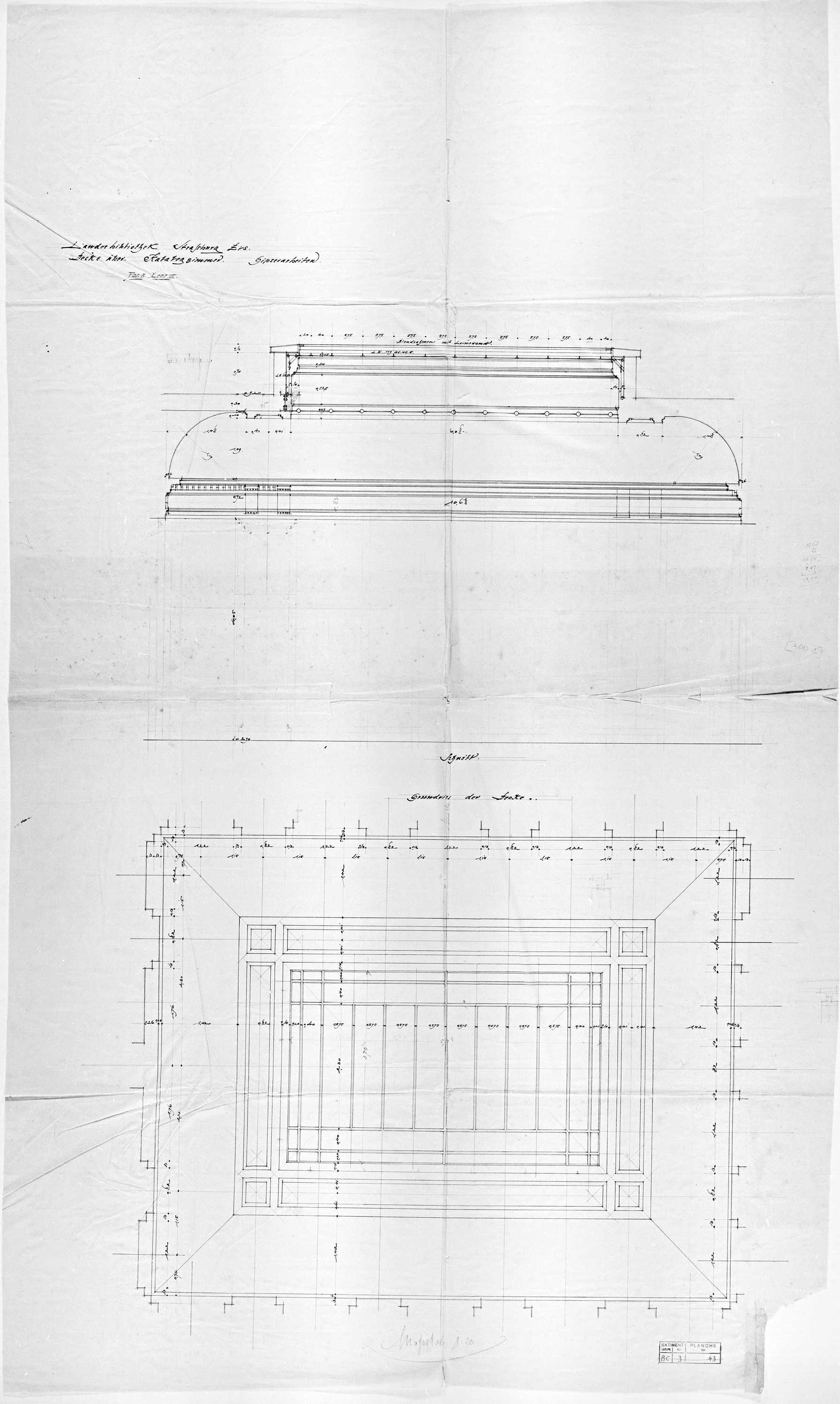 Plâtrerie et plafond, plan et élévation.