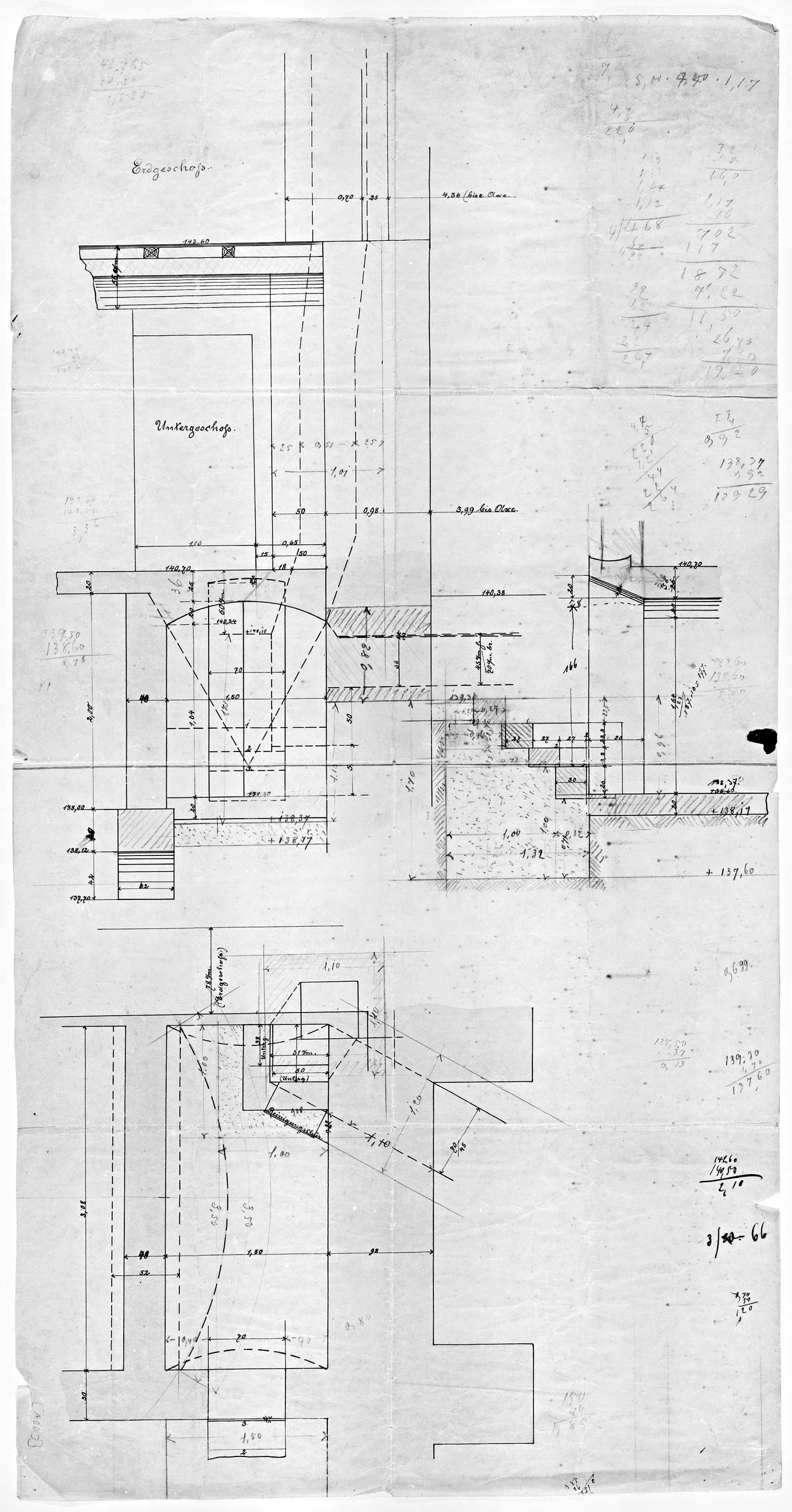 Rez-de-chaussée et sous-sol, plan de masse et coupe.