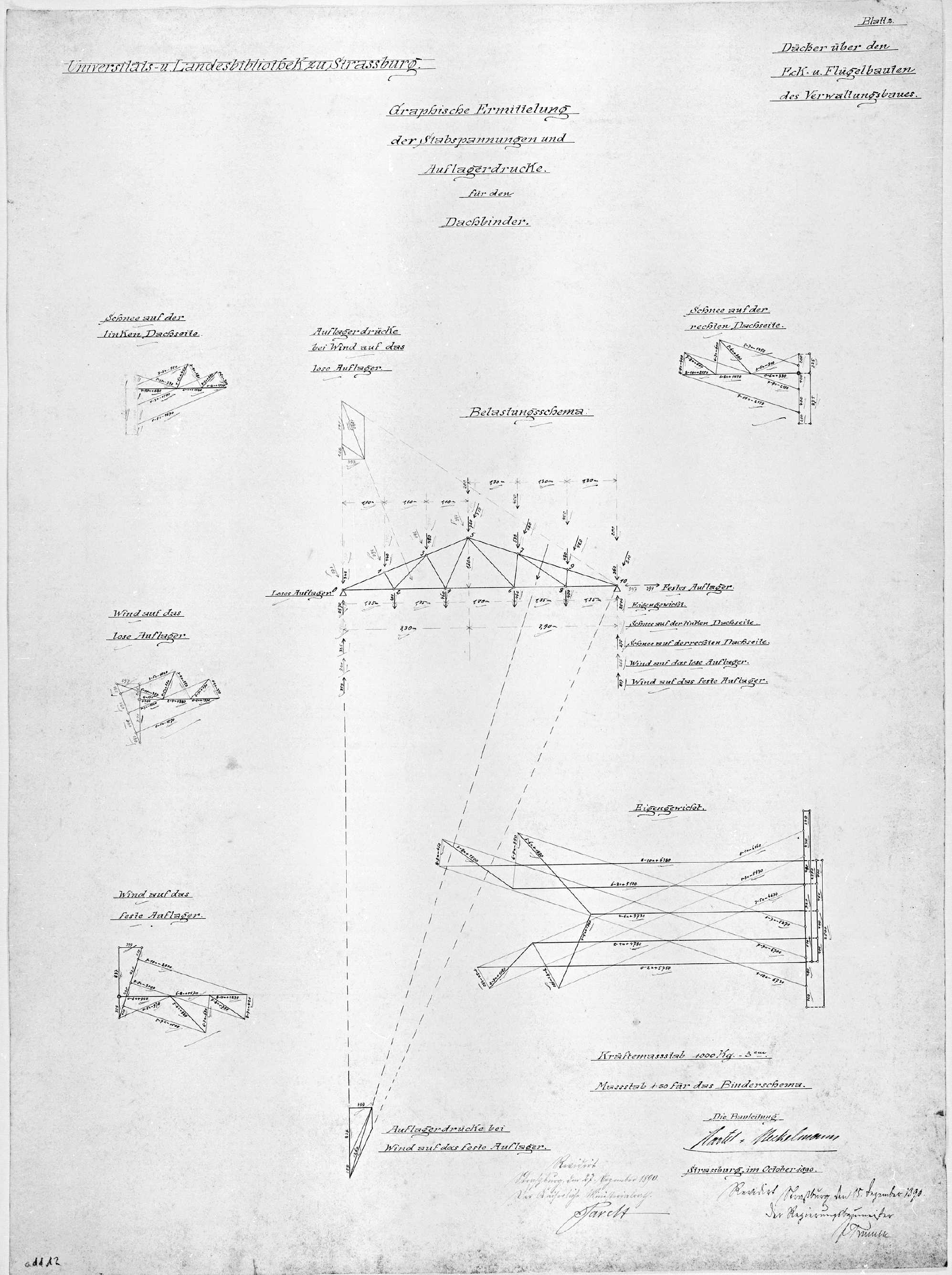 Détermination graphique des contraintes et pressions d’appui pour les fermes de toit, détails.