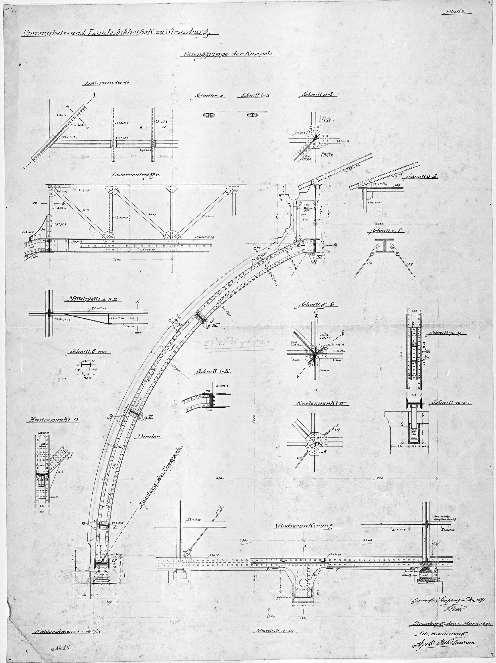 Dôme, coupes et détails de la structure.