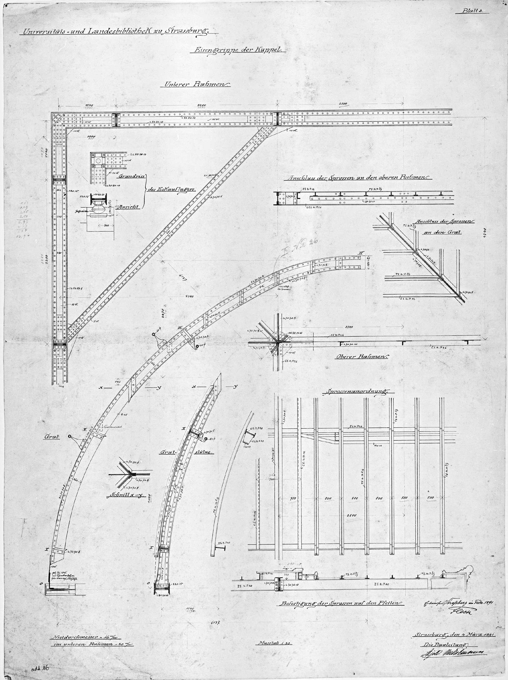 Dôme, coupes et détails de la structure.