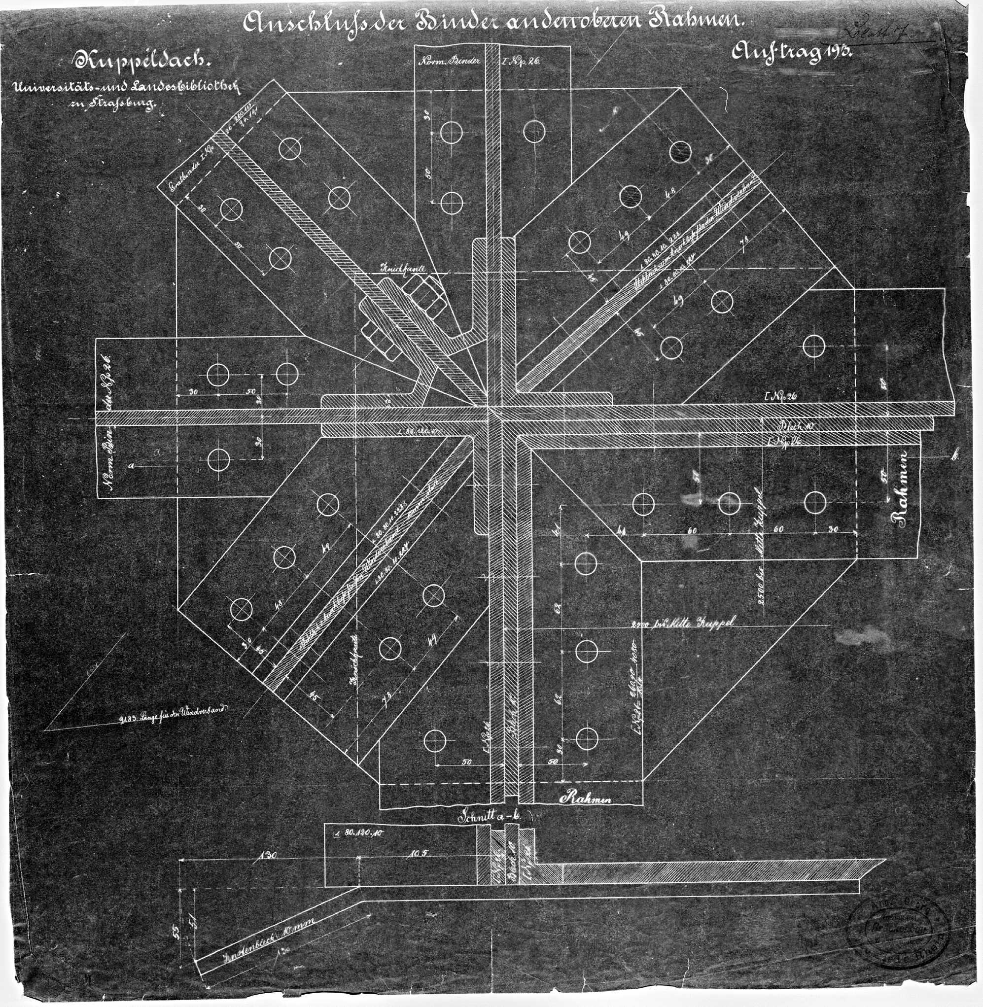 Dôme, plan et détail des fermes de charpente.