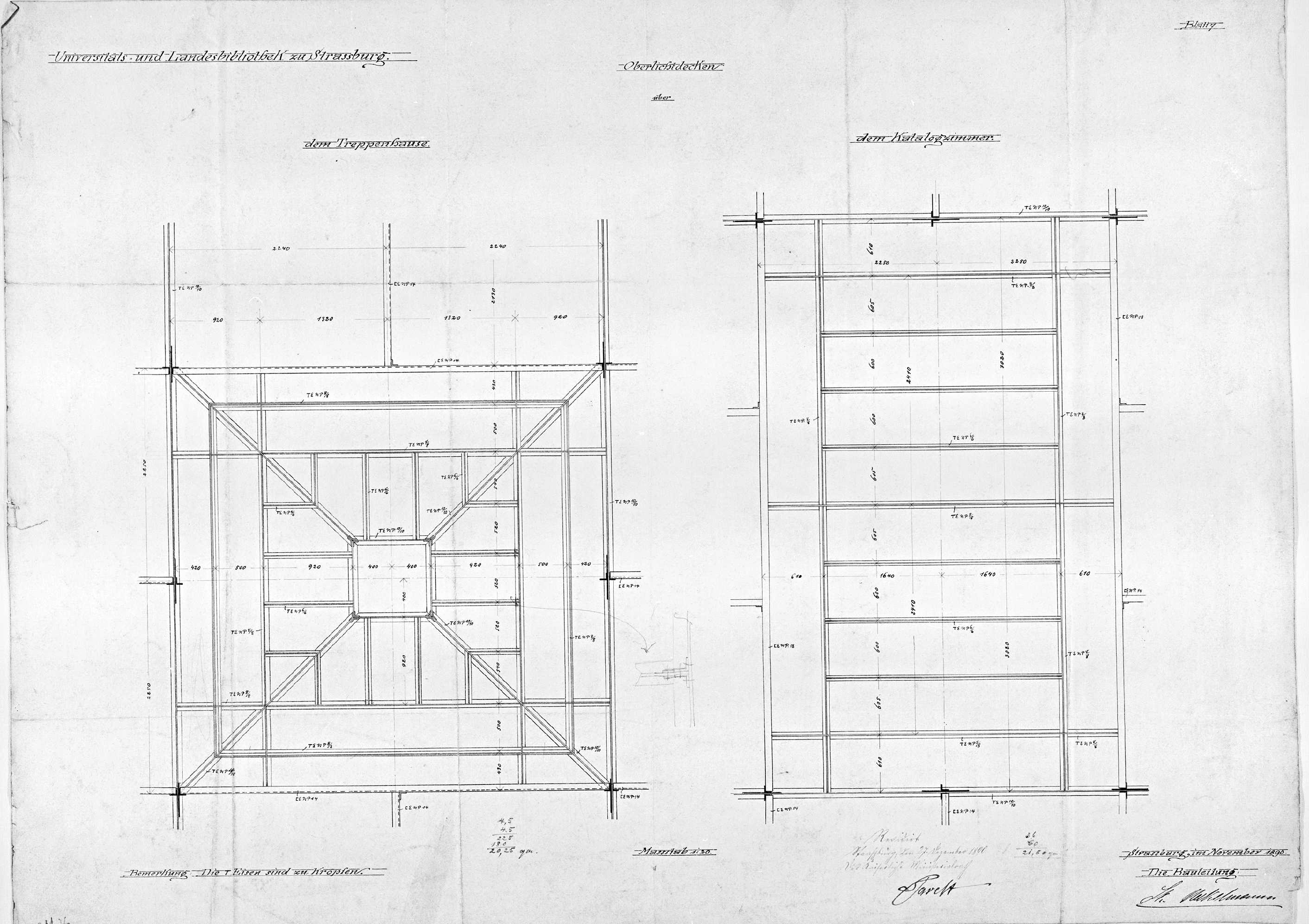 Escalier et de la salle du catalogue, plans des plafonds.