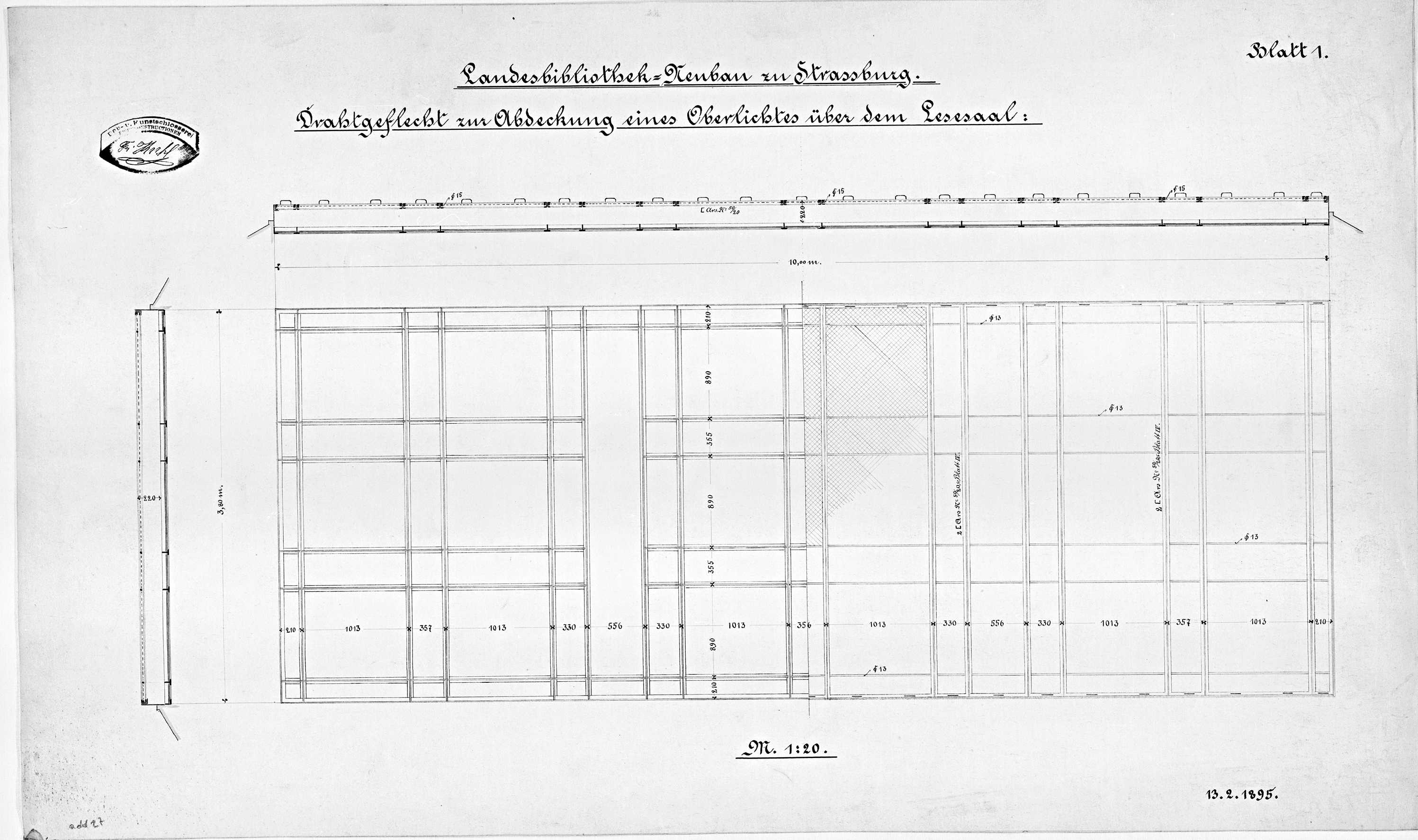 Salle de lecture, plan et coupes de la verrière.