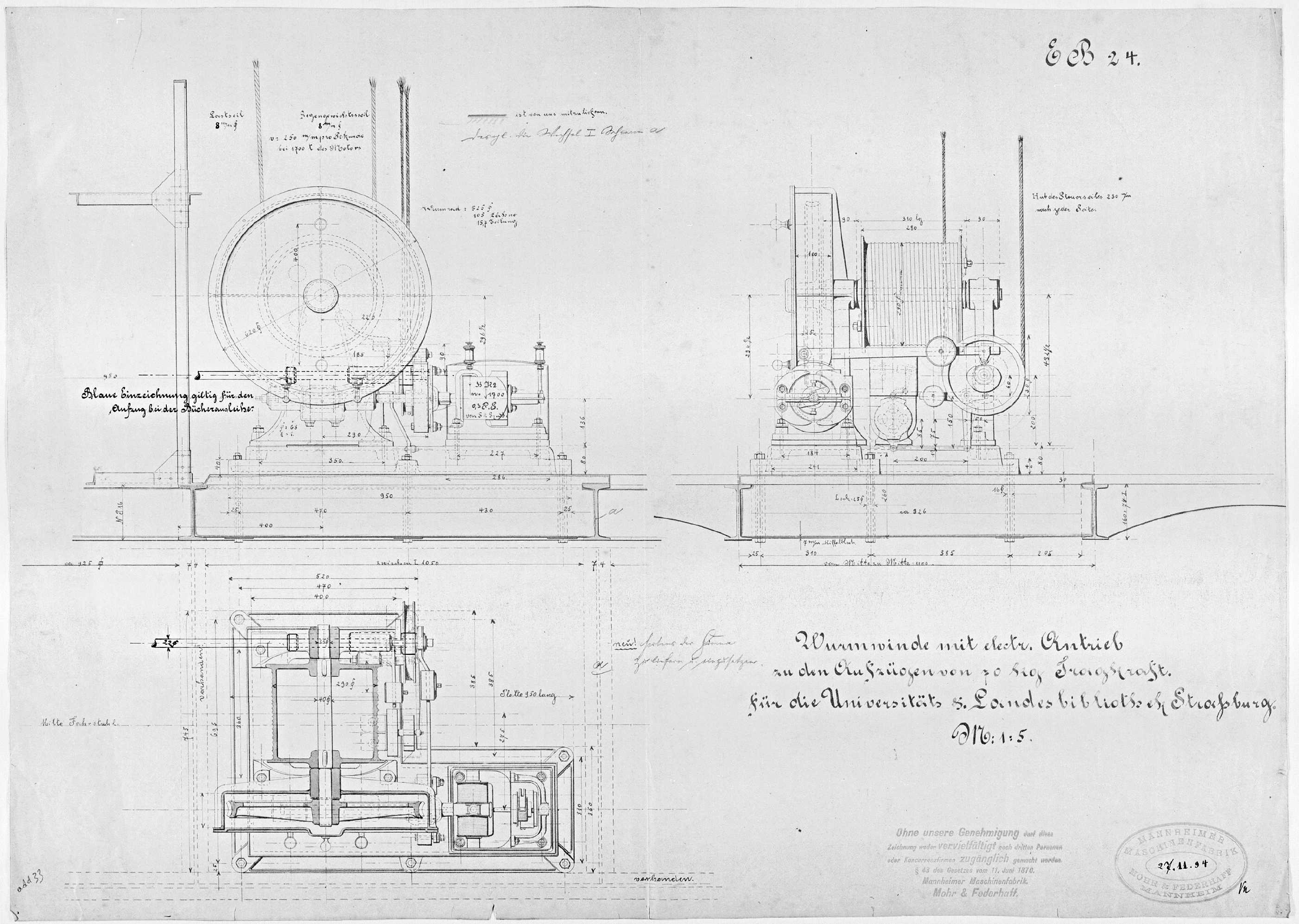 Ascenseur, plan et élévations du treuil.