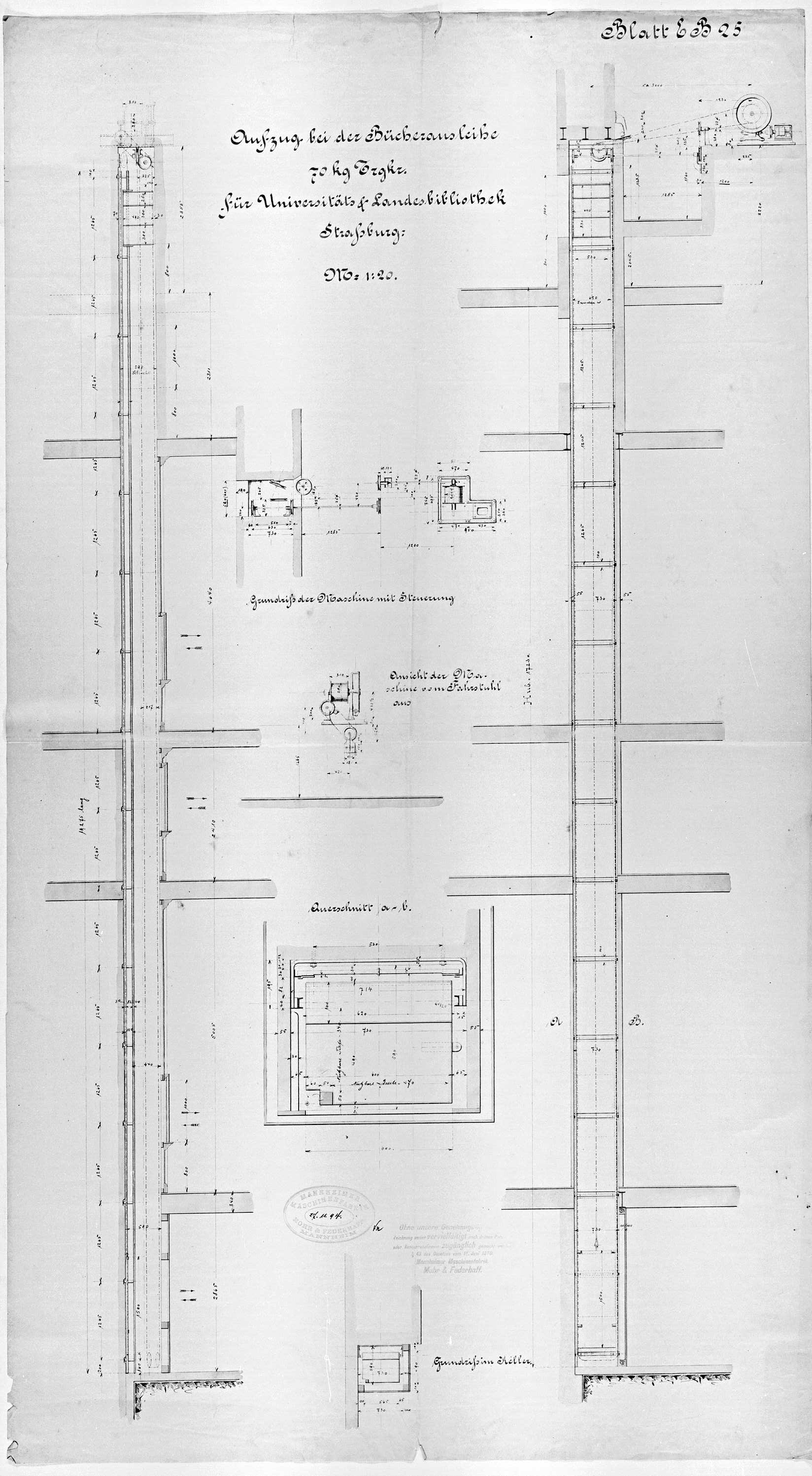 Ascenseur de la librairie, plan, coupes et détails.