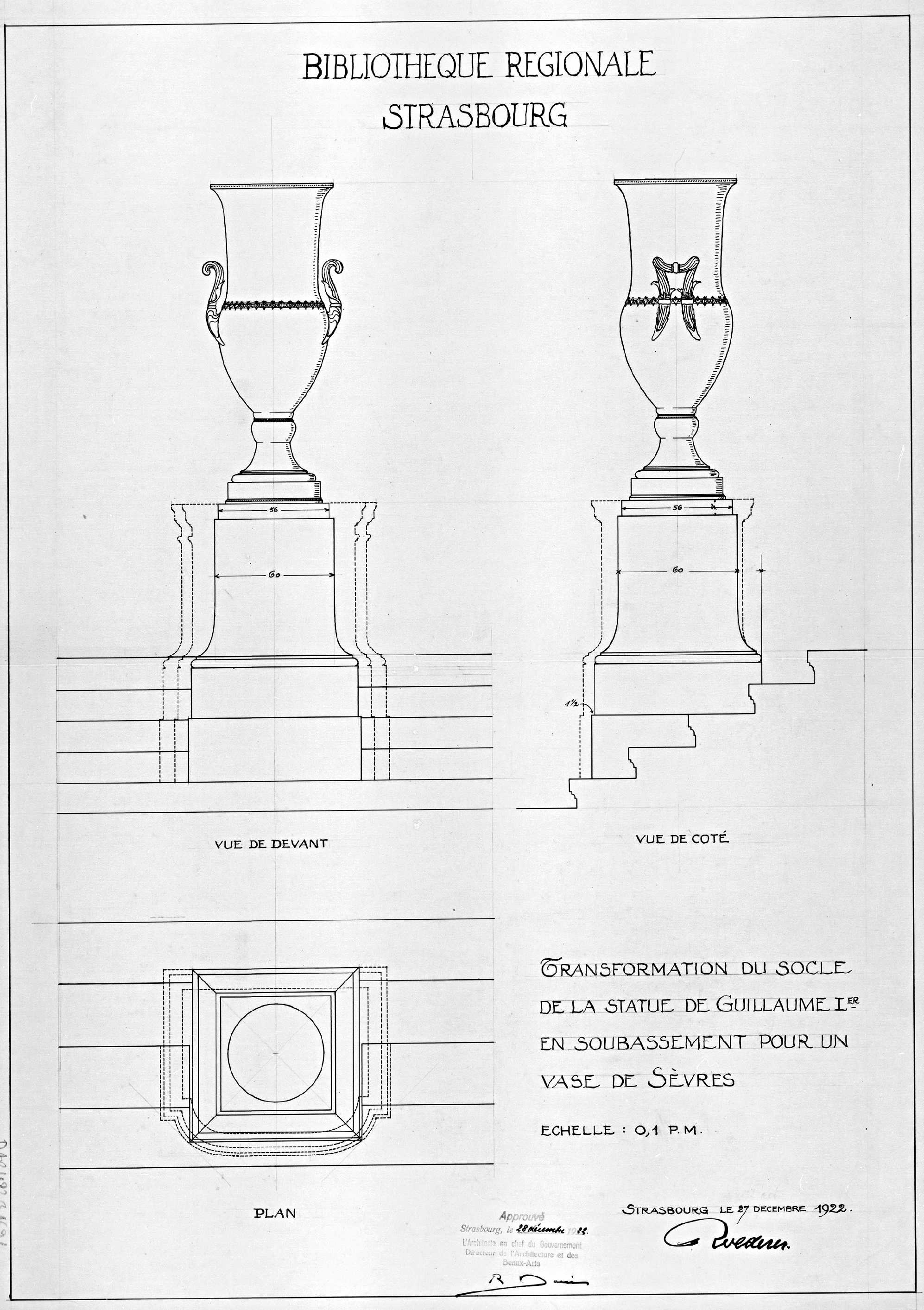 Transformation du socle de la statue de Guillaume Ier, plan et élévations.