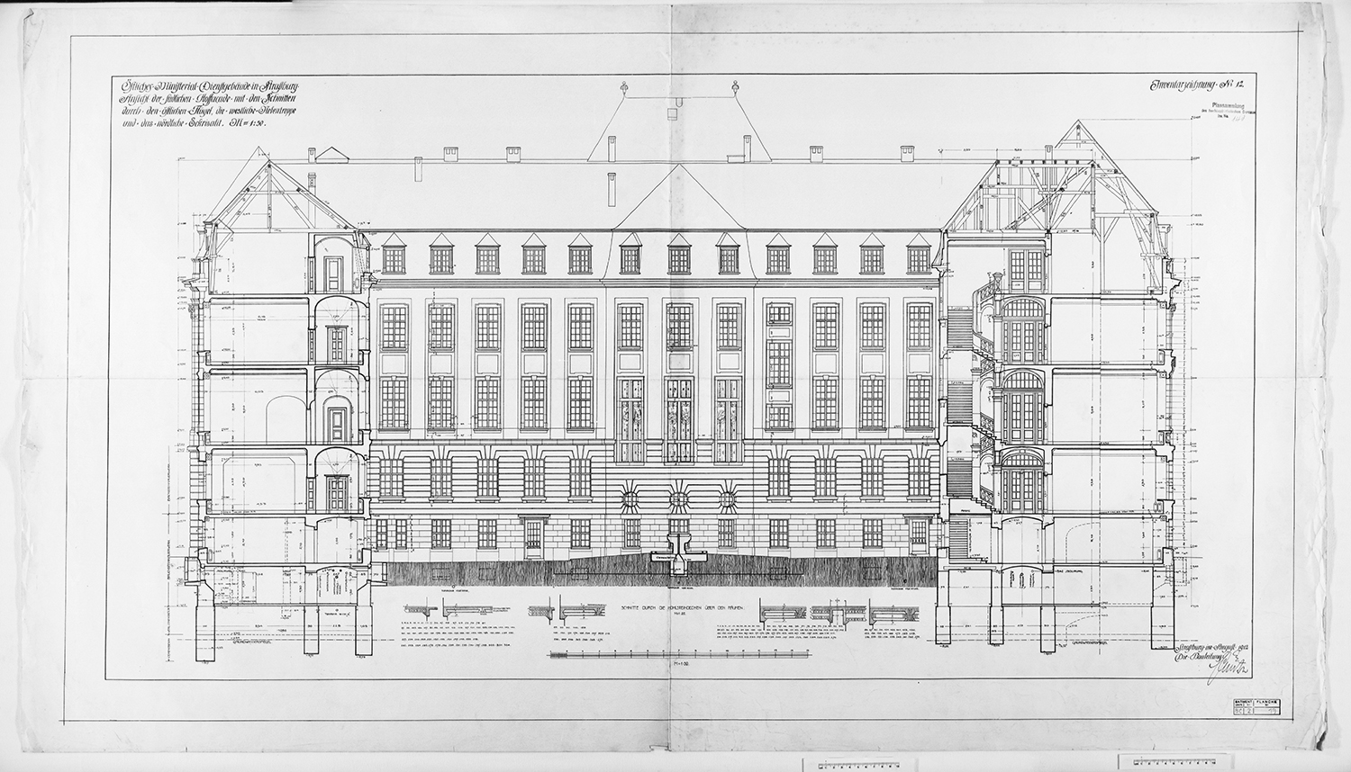 Façade sud sur cour, élévation et coupe.