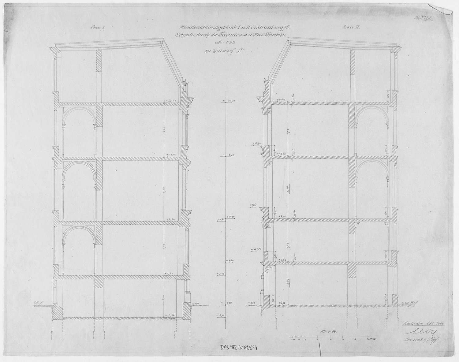 Coupes longitudinales sur les pavillons des façades sud. 