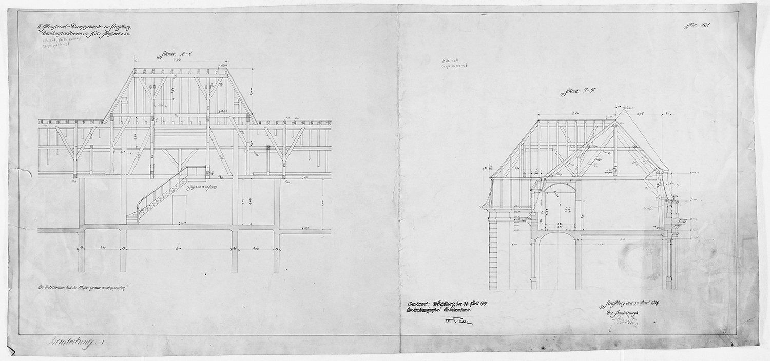 Charpente, coupe longitudinale sur l’aile sud et coupe transversale sur l’avant-corps.