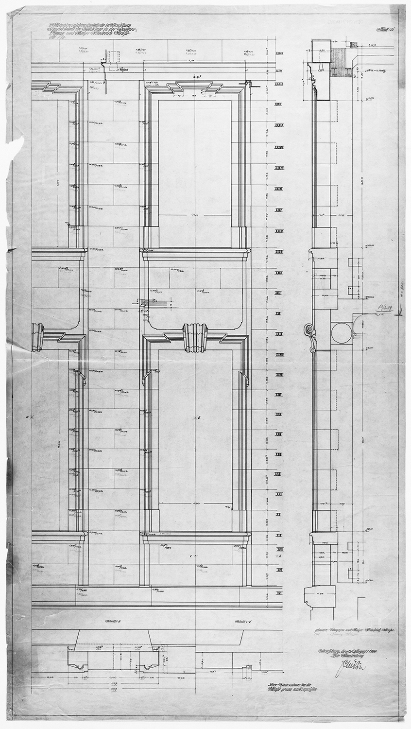 Façades sur cour, plan et élévations des fenêtres.