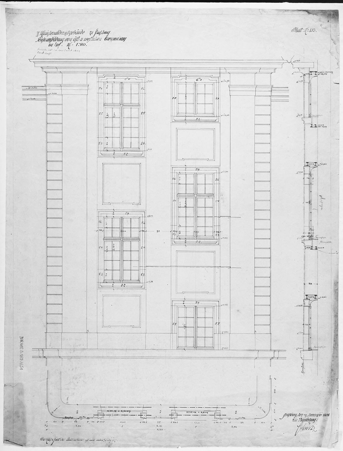 Avant-corps, plan et élévations des fenêtres de la façade est.