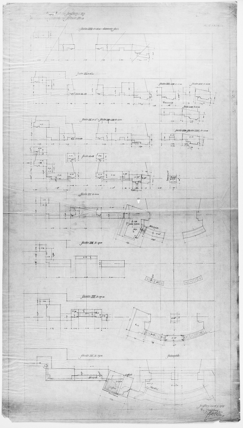 Aile sud, plans stéréotomiques de la partie centrale.