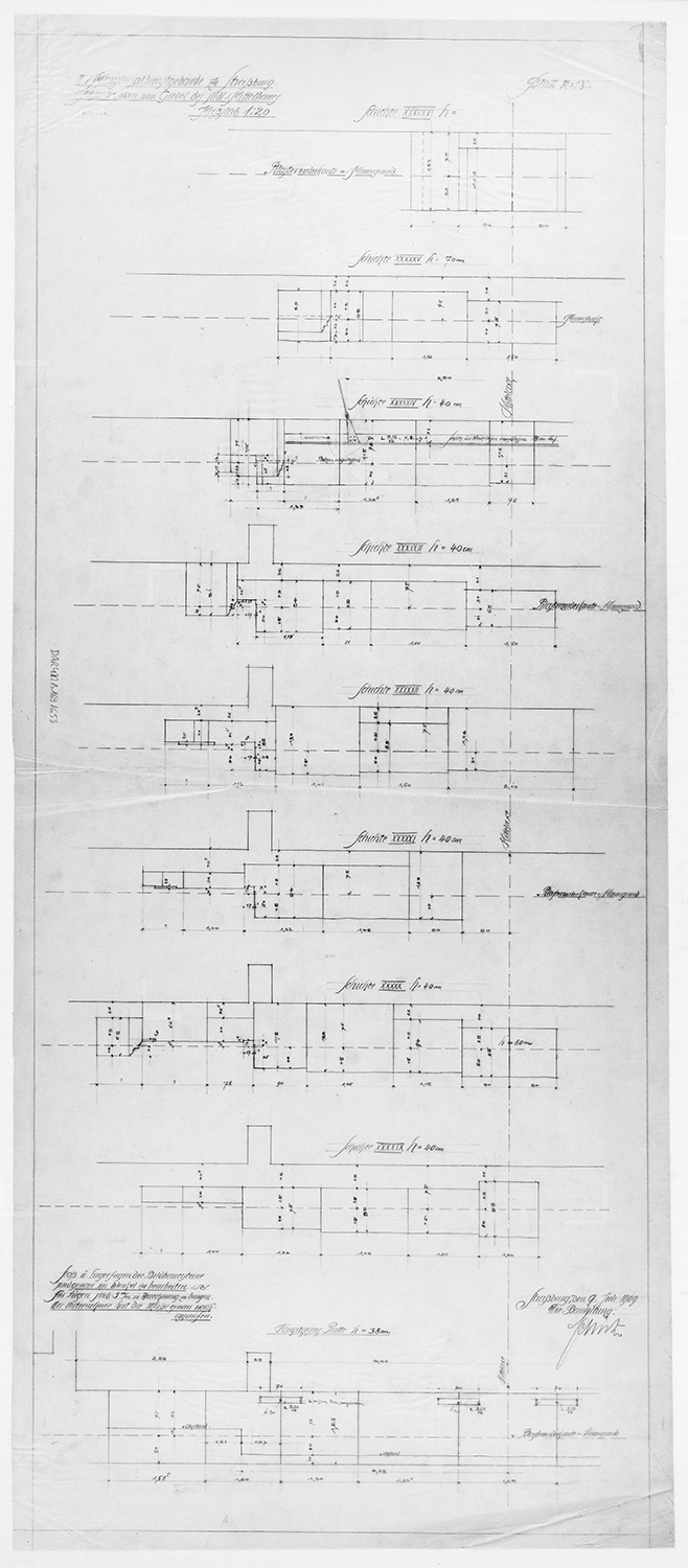 Aile sud, plans stéréotomiques de la partie centrale.