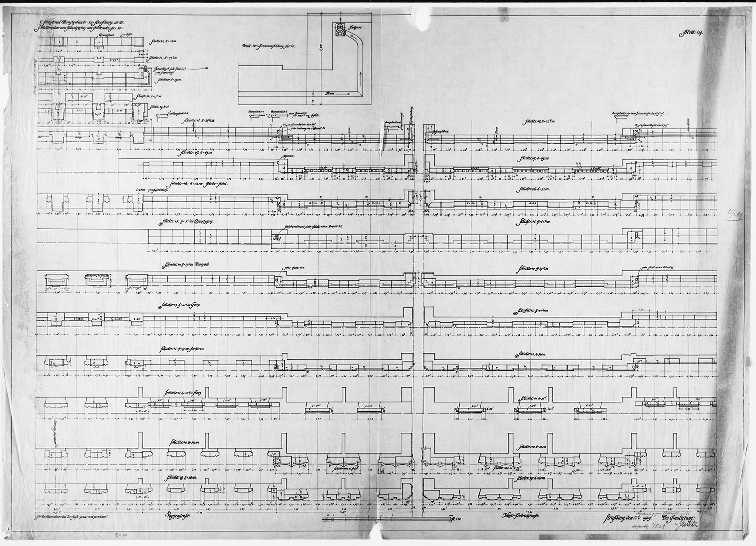 Aile nord, plans stéréotomiques de la corniche principale.