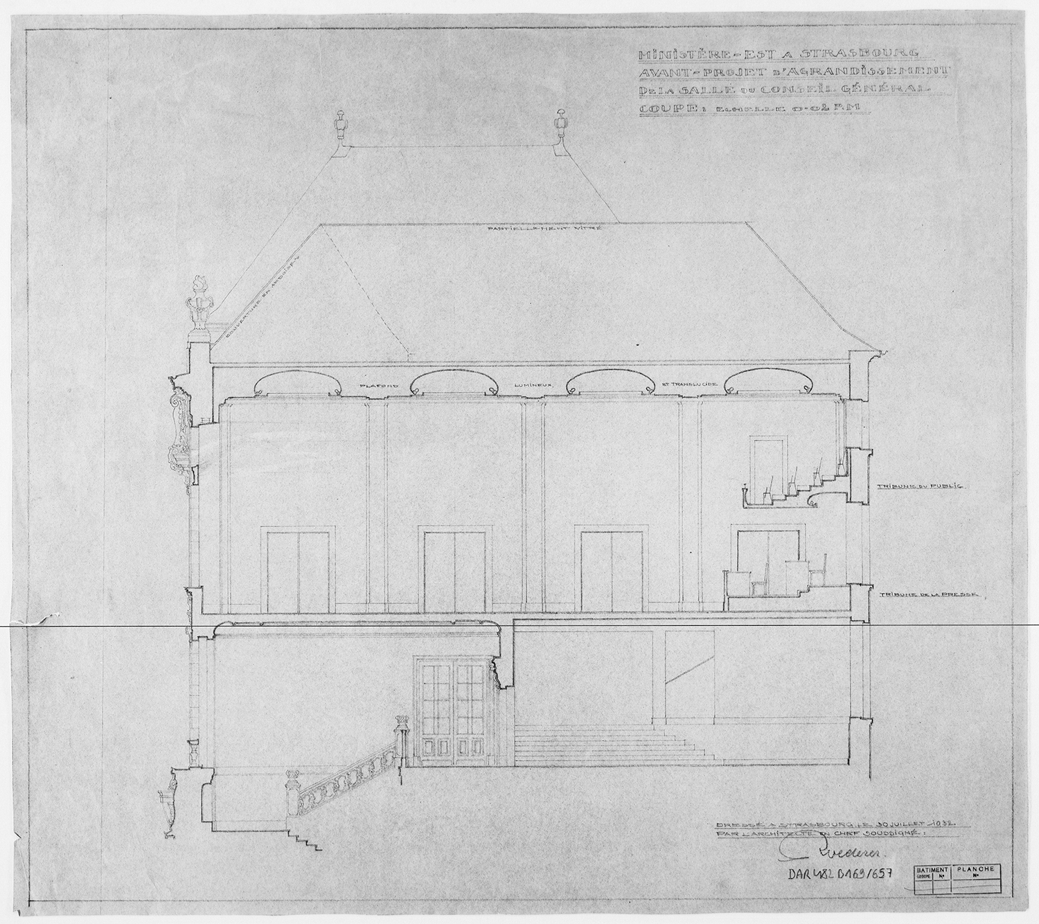 Avant-projet d'agrandissement, coupe transversale sur la salle du Conseil Général.