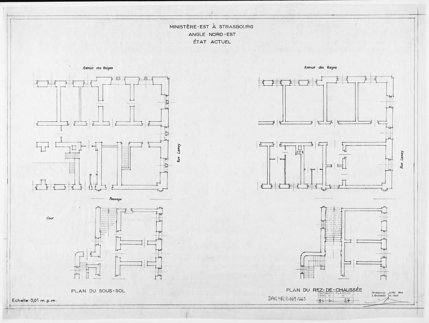 Angle nord-est, plans de masse du sous-sol et du rez-de-chaussée.