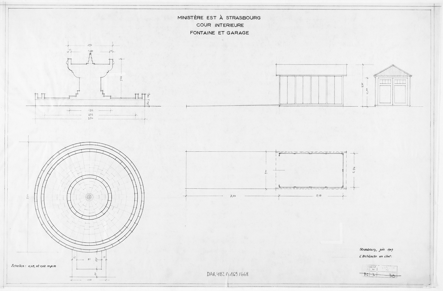 Cour intérieure, plans, et élévations d’une fontaine et d’un garage.