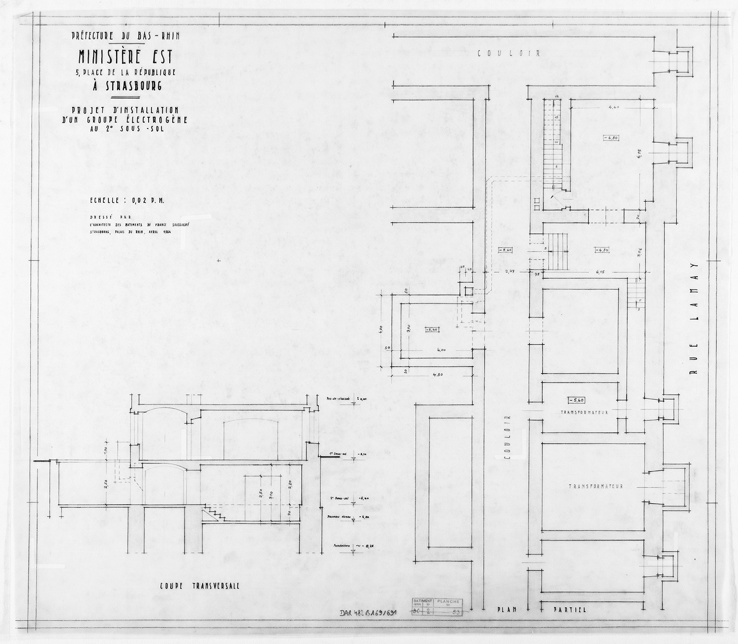 Projet d'installation d'un groupe électrogène, plan de masse et coupe sur le deuxième sous-sol de l’aile est.