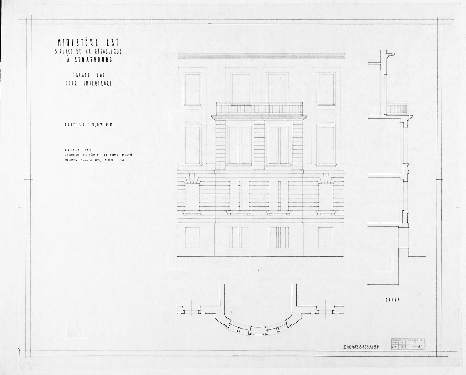 Façade sud sur cour, plan de masse, élévation et coupe. 