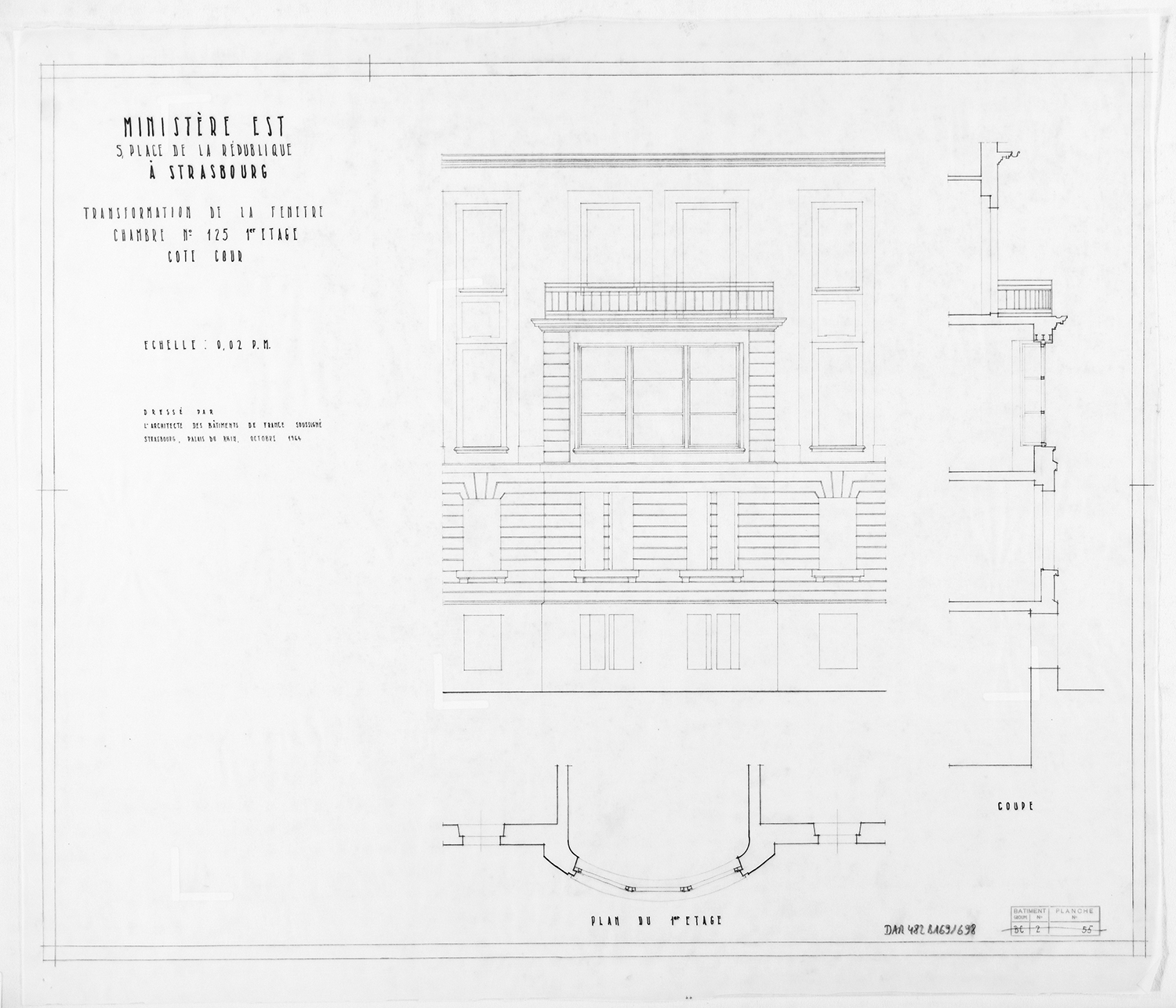 Transformation de la fenêtre du premier étage, plan de masse, élévation et coupe.