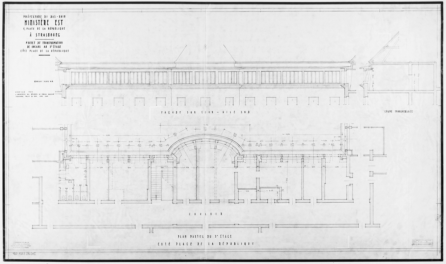 Projet de transformation des locaux au troisième étage, plan de masse, élévation et coupe de l’aile sud et de la façade sud sur cour.