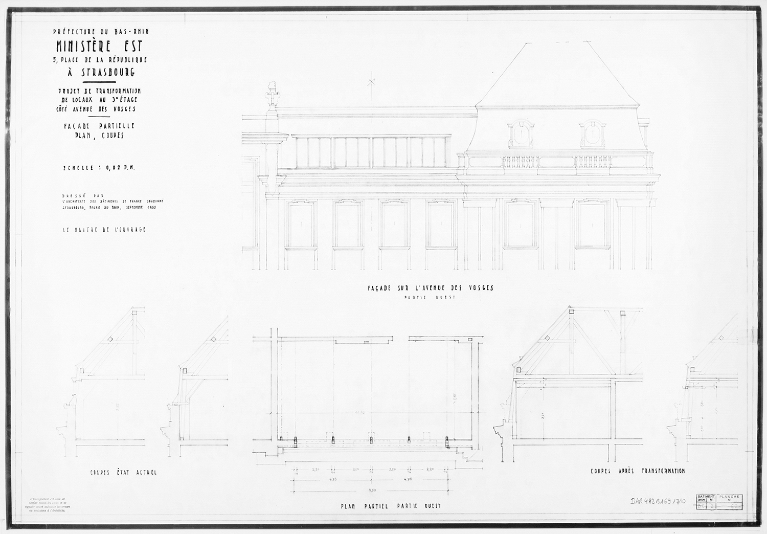 Projet de transformation des locaux au troisième étage, plan de masse, élévation et coupes du côté ouest de la façade. 